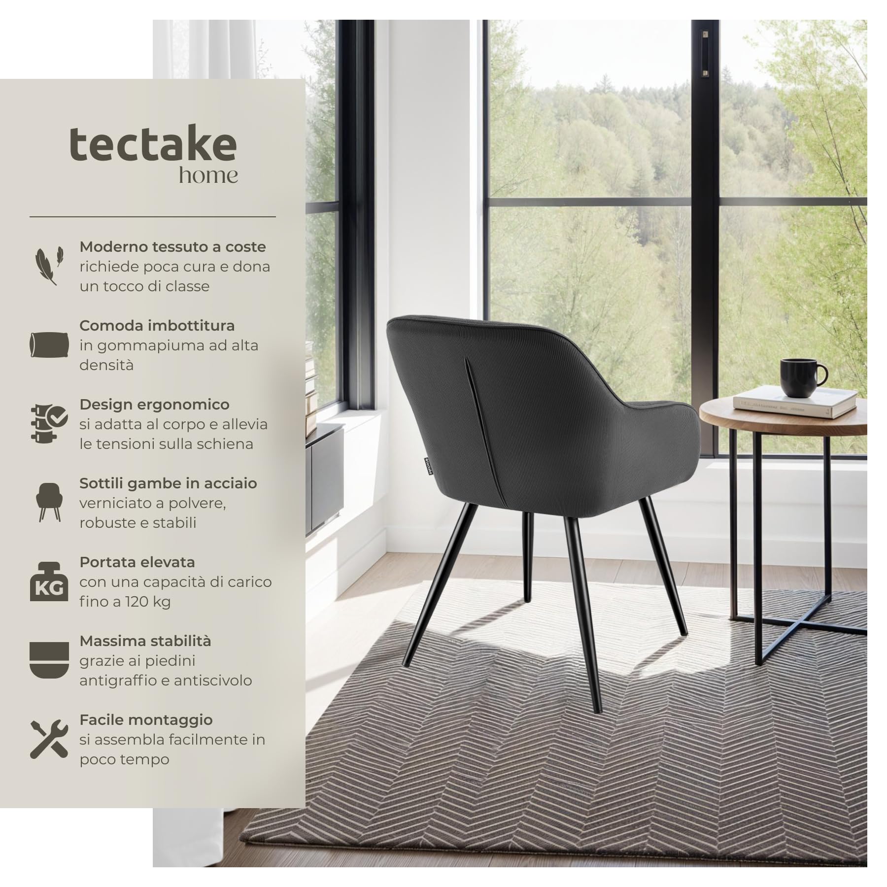 tectake® Sedia Velluto a Coste con Braccioli, Sedia Sala da Pranzo con Gambe in Acciaio, Comoda Poltrona Salotto con Imbottitura Schiuma ad Alta Densità, Poltrona Antiscivolo - Antracite/Nero