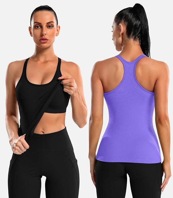 ATTRACO Ribflex 2 Pack Workout Tanks for Women Seamless Black Purple M by ATTRACO - Used condition - Image 2