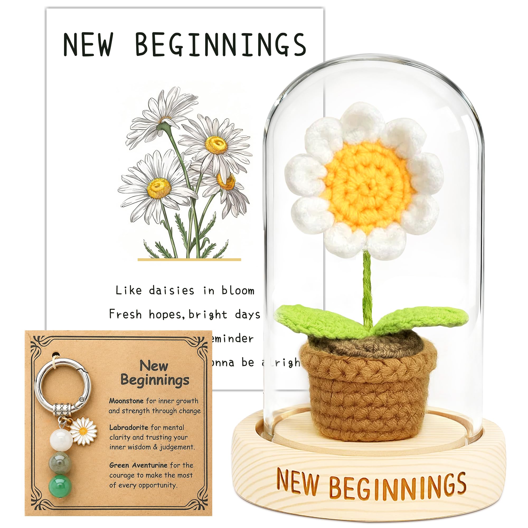 MerriBox New Beginnings Gifts for Women – Crochet Daisy in Glass Dome | Leaving Gifts for Colleagues, Retirement Gift, New Home Gifts, Good Luck Gift for Coworkers Friends Sister Mom