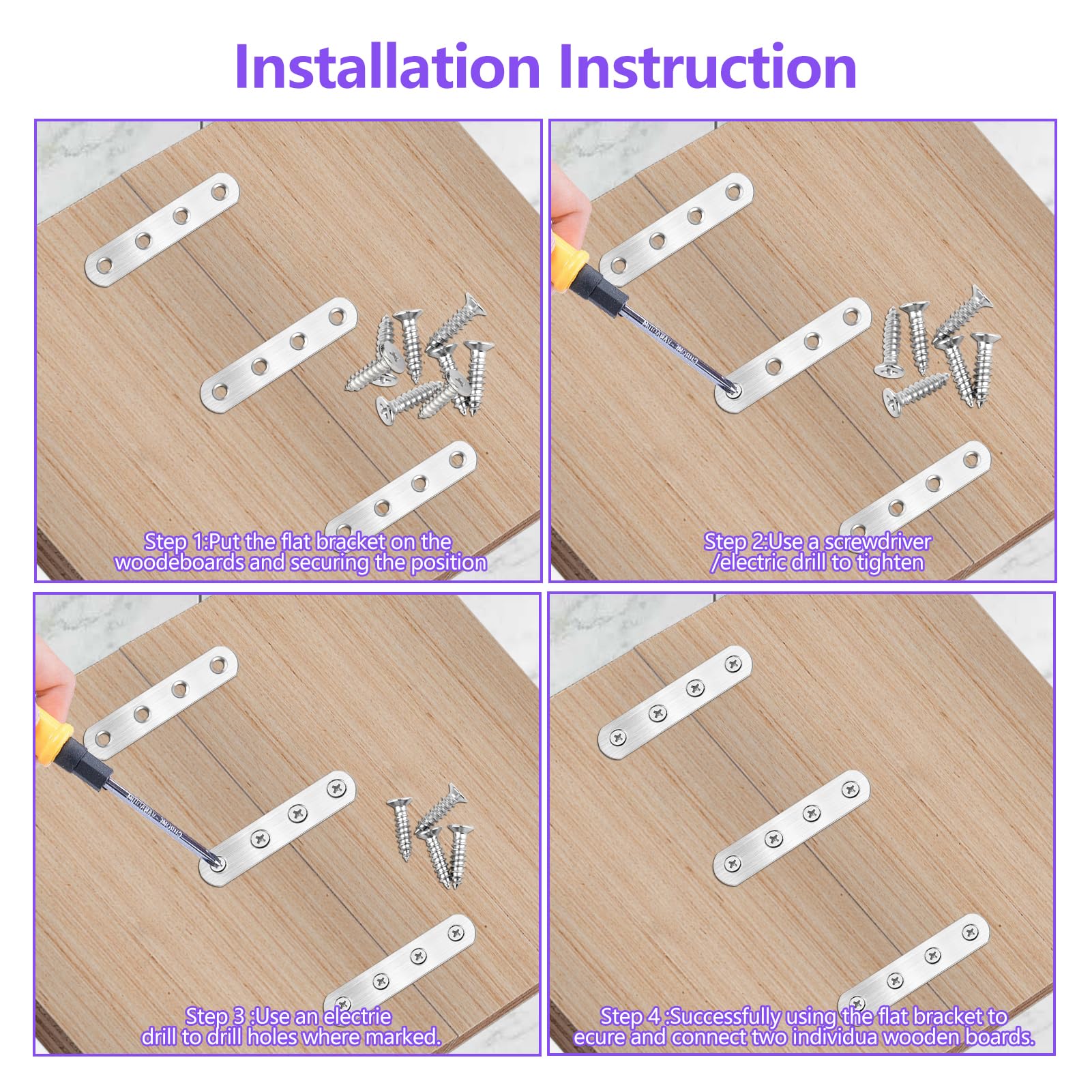 Flat Brackets for Wood Kit 20Pcs 78× 16 × 1.75mm Flat Joining Plates with 80 Screws Stainless Steel Mending Plates Metal Brackets for Wood for Repairing Fixing Joining Furniture - Image 4