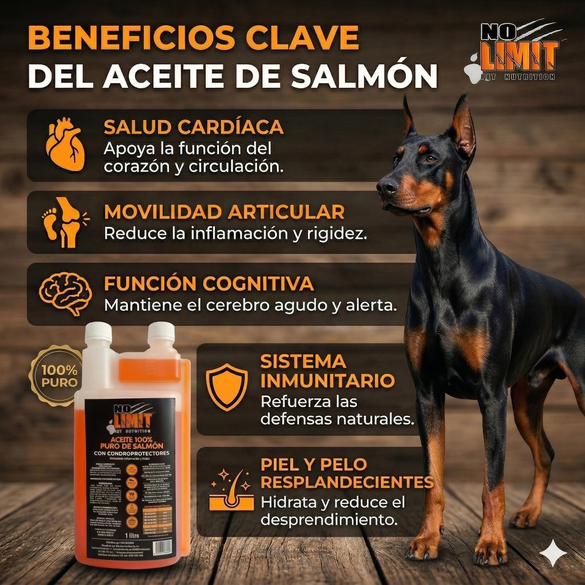 NO Limit Huile de saumon pour chiens et chats avec chondroprotecteurs – Huile de saumon riche en oméga 3 pour articulations, peau et cheveux sains (1 L)