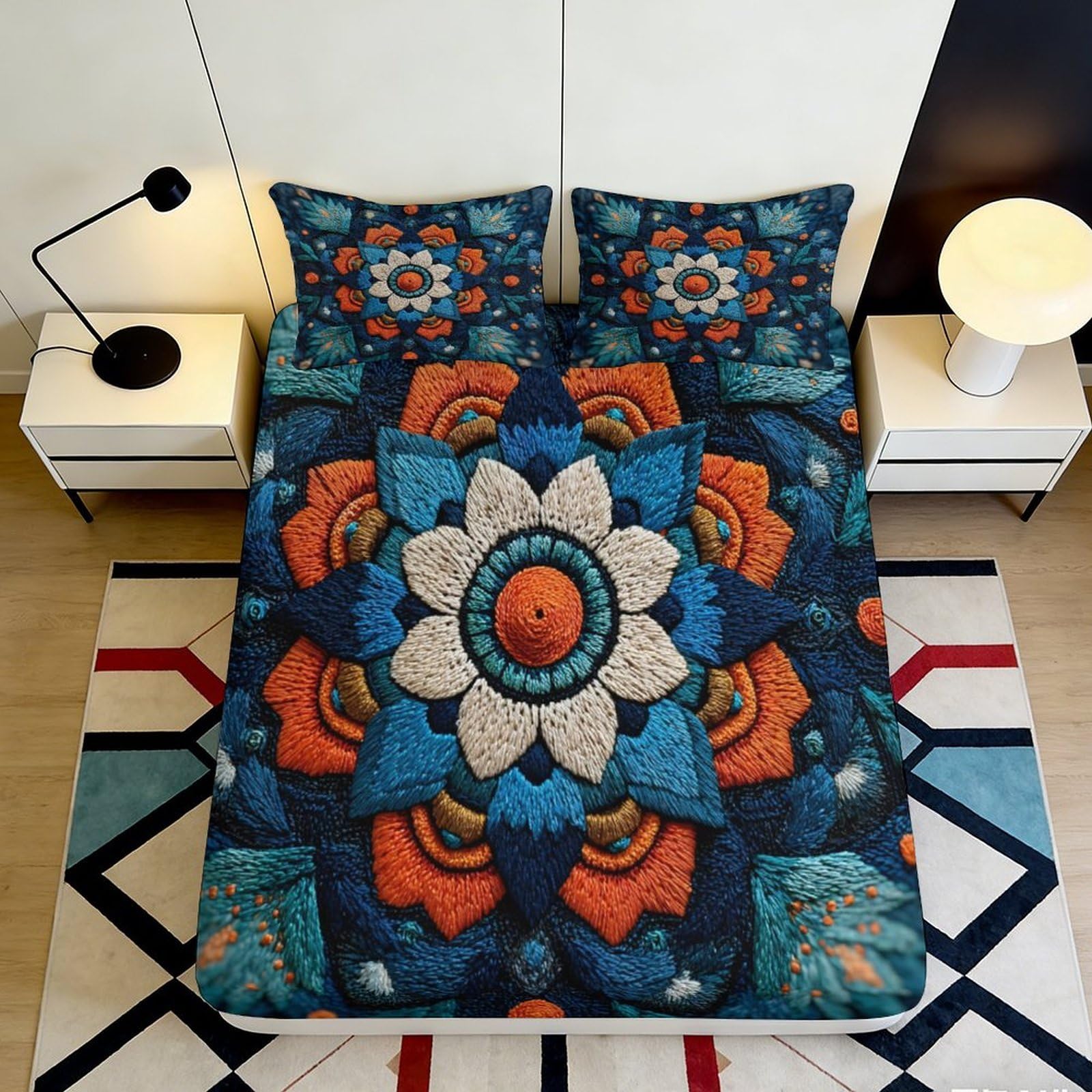3D Printed Mandala Blossom Fitted Sheet Microfiber Soft Breathable Ethnic Flower Bed Cover for Bedroom Dorm Decor 90x200x25cm