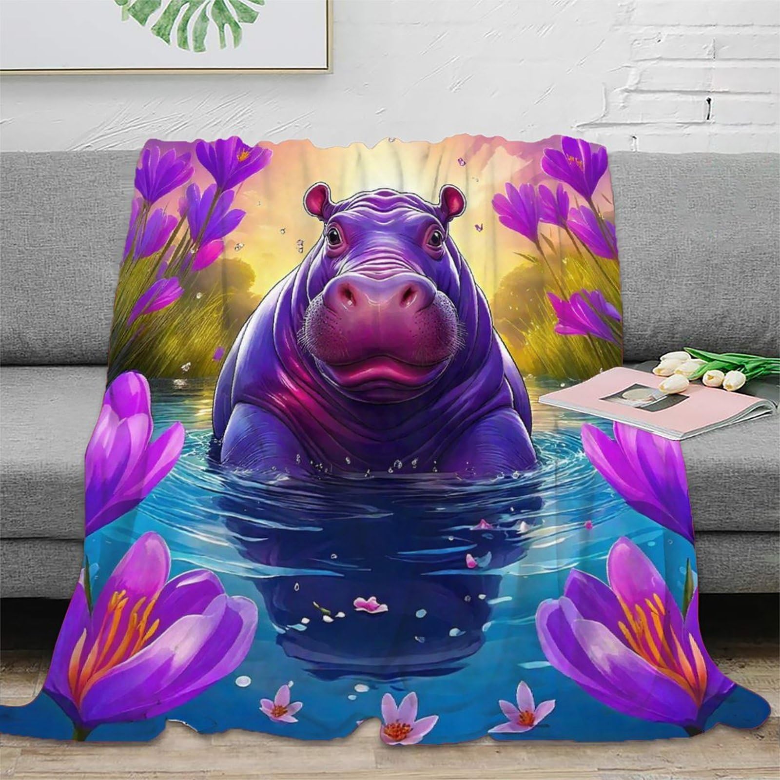 Couverture peluche hippopotames thermique et anti-froid pour grand lit de deux personnes