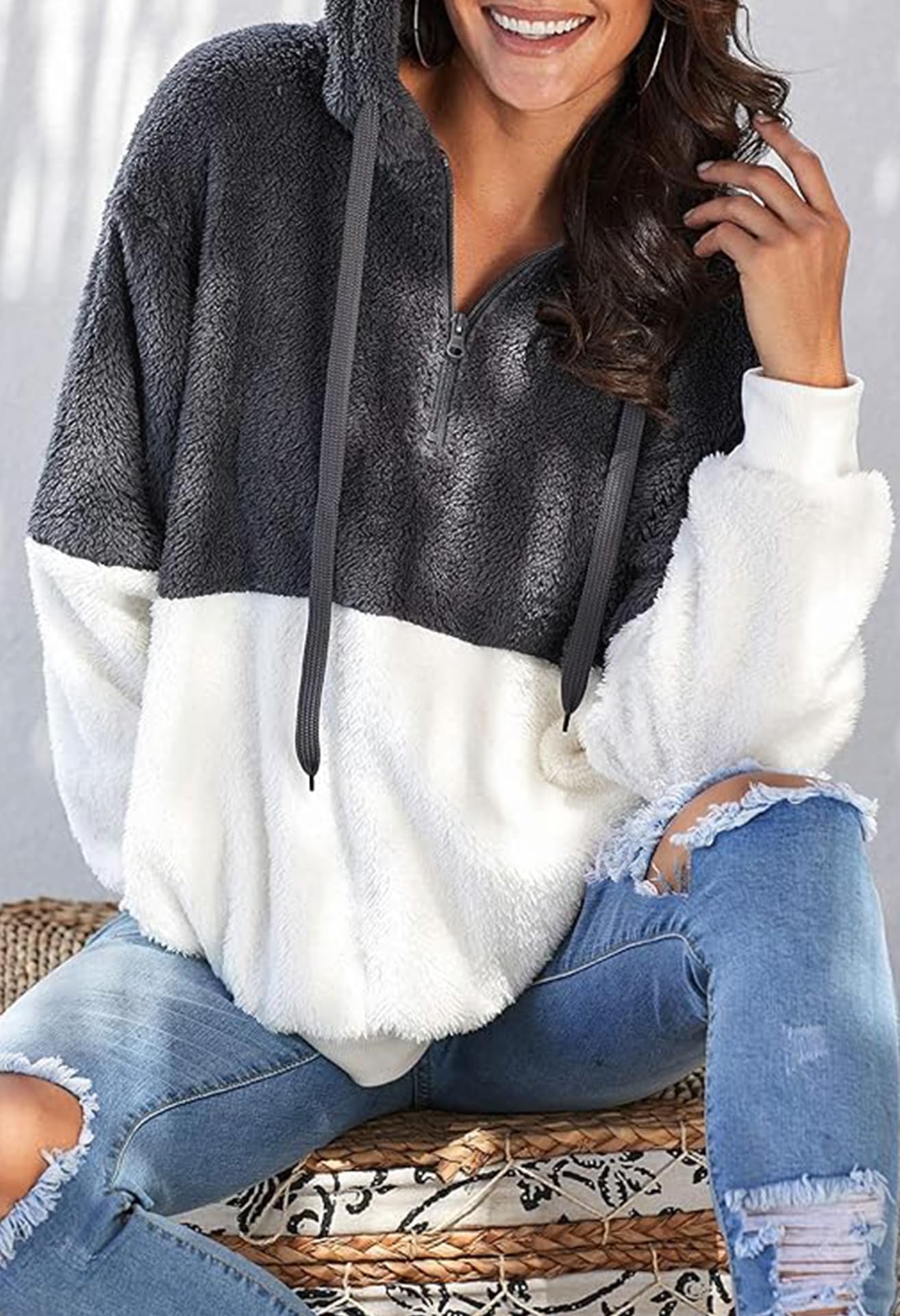 Damskie bluzy z kapturem sweter ponadgabarytowy sweter polarowy z długim rękawem ciepły pluszowy sweter na co dzień elegancki zimowy sznurek