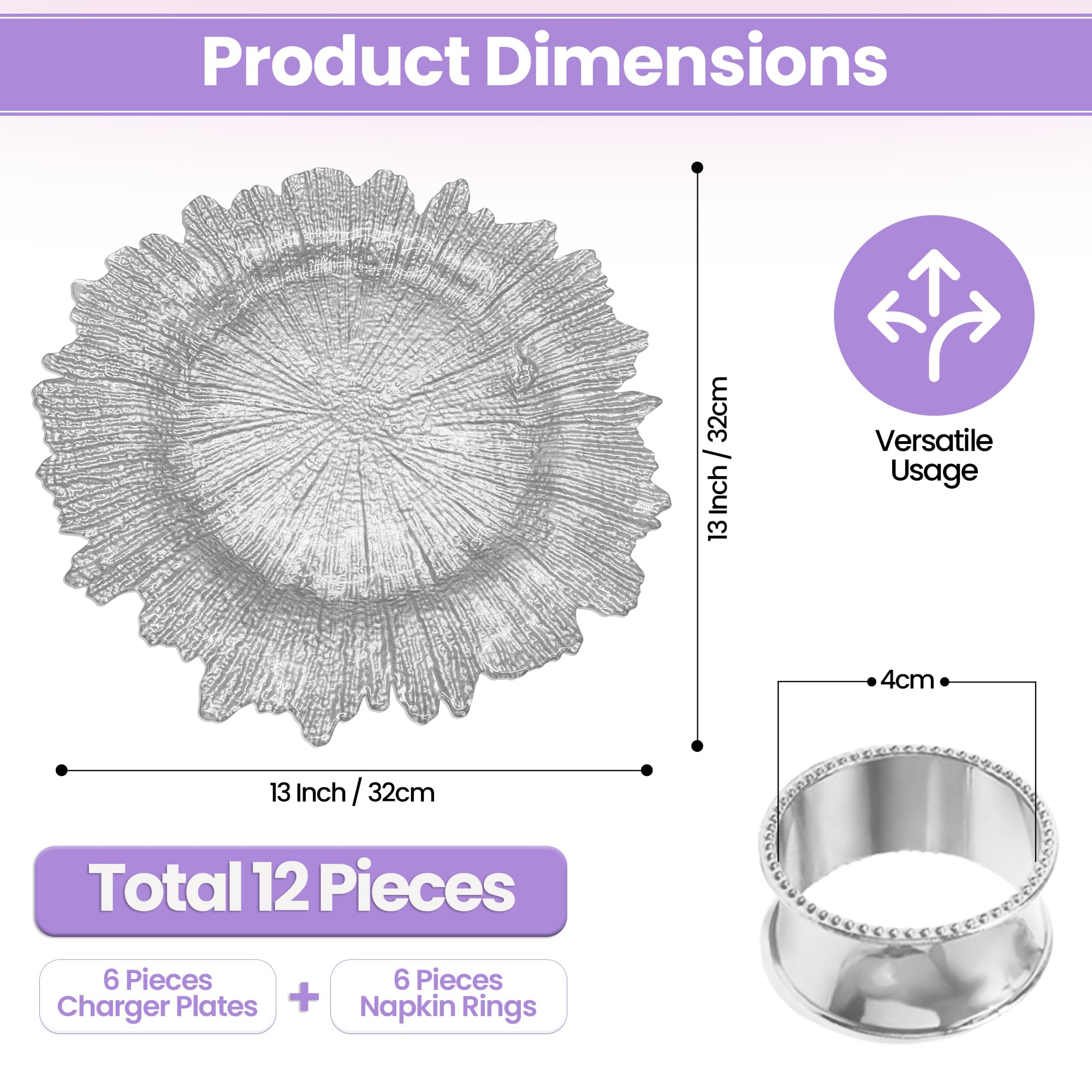 Juego de platos de cristal rosa plateado con diseño vintage y servilleteros martillados, elegantes cargadores de cena de 33 cm para bodas, cenas, cumpleaños, fiestas y eventos especiales, 6 piezas