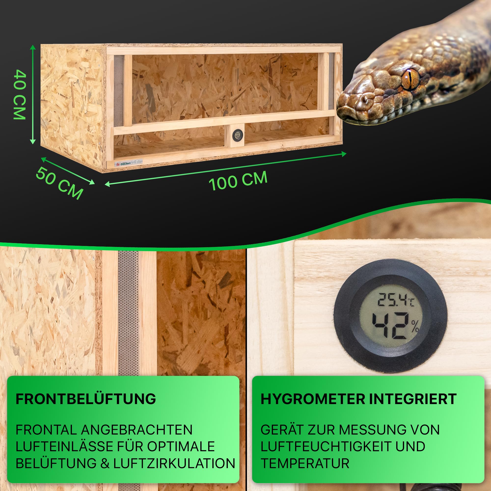 ITA Holz Terrarium 100x50x40 cm mit Frontbelüftung & Integriertem Hygrometer - Holzterrarium aus OSB-3 Platten - Terrarien für Reptilien, Schlangen, Amphibien - EU Produkt, FSC Zertifiziert