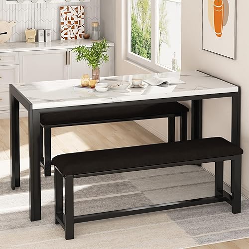 Miniatura 4 de DKLGG Juego de mesa de comedor para 4 mesa de cocina de mármol sintético con 2 bancos de comedor tapizados de piel sintética juego de mesa de