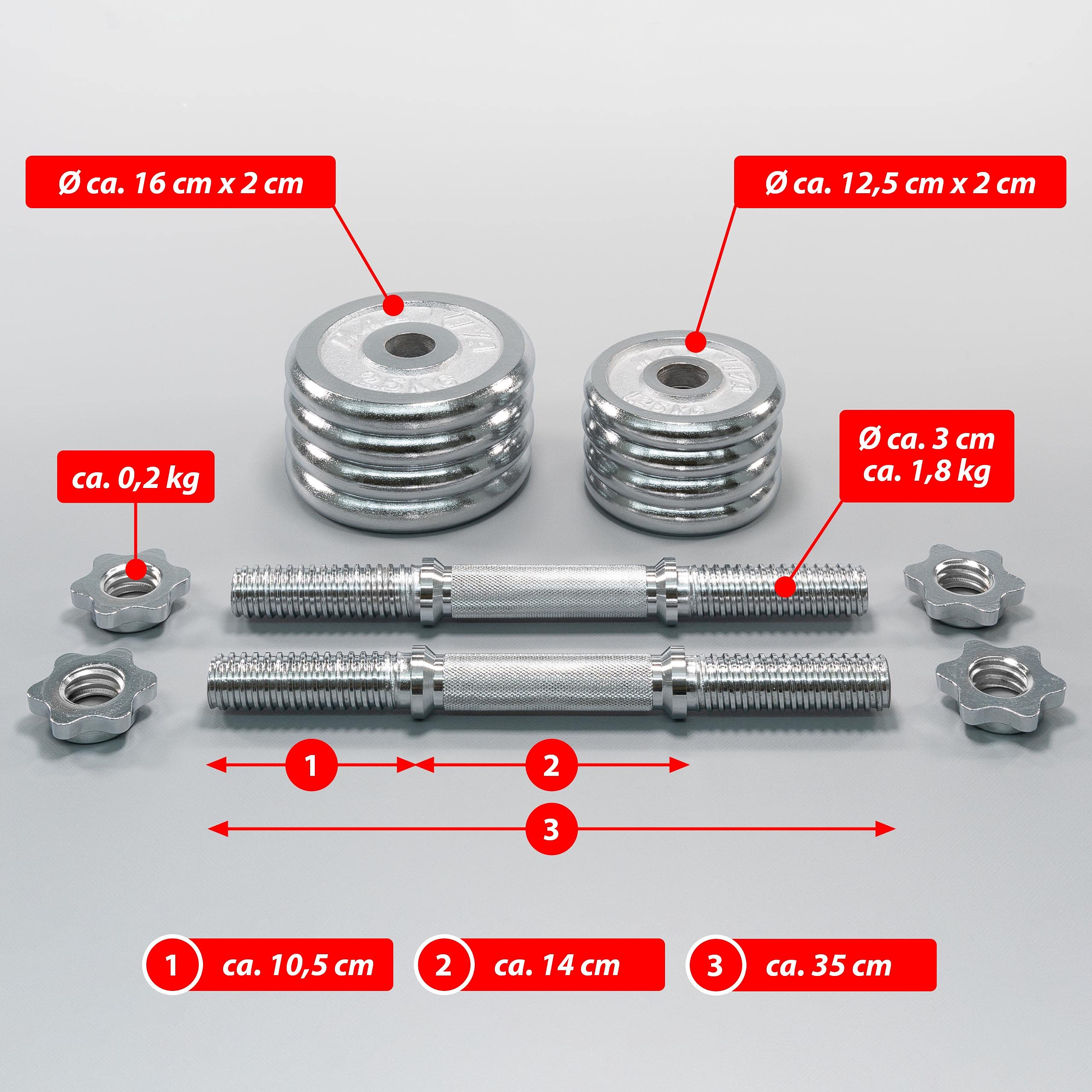 Kurzhantel-Set Chrome 2x10 kg 8 Gewichtsscheiben Sternverschluss Hantelset im Koffer Kraftsport Muskelaufbau Workout Bodybuilding Reha 20 kg