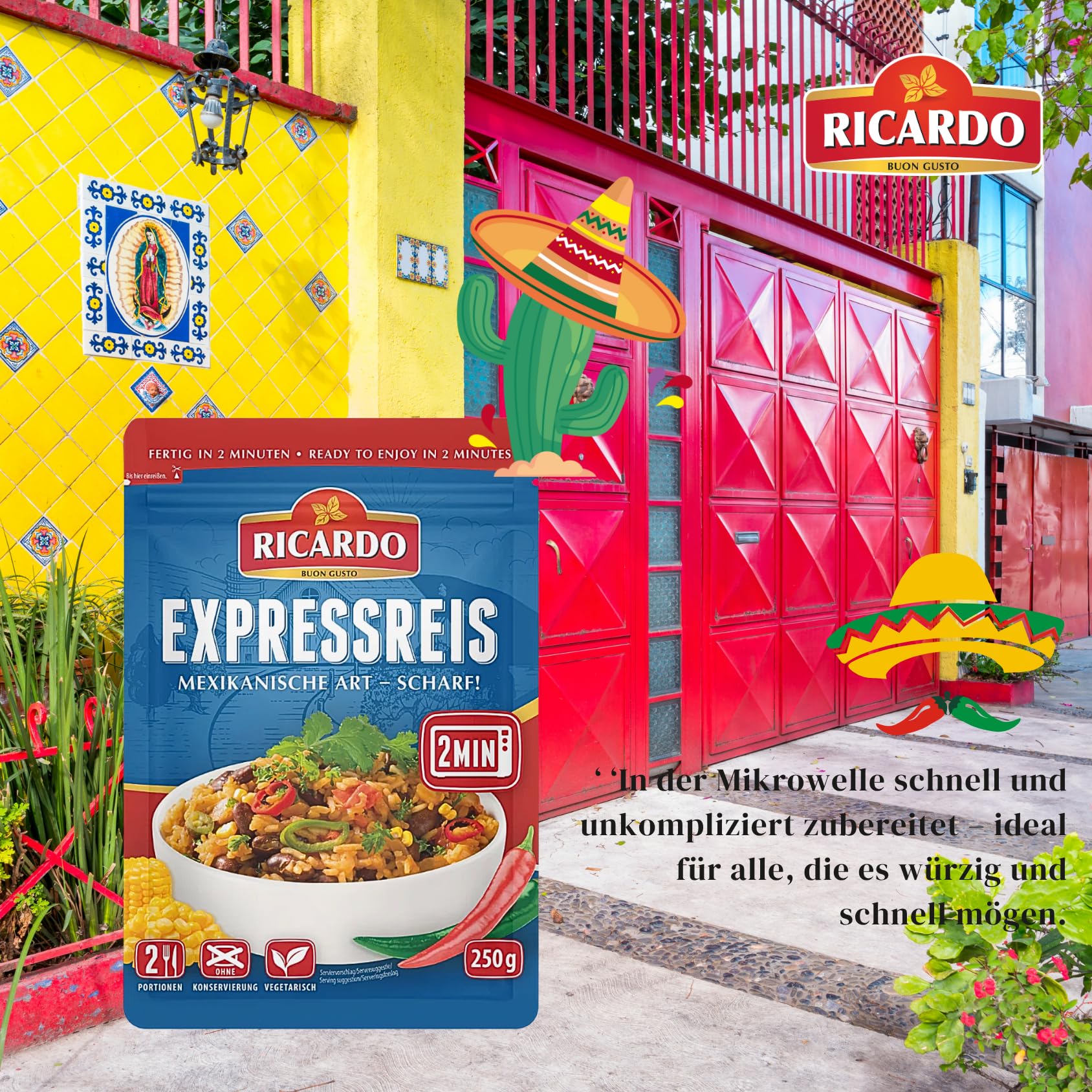 RICARDO Express Riso Messicano Piccante 16 x 250 g Preparazione Riso Preparato Piatti pronti Microonde/Padella in modo rapido e semplice