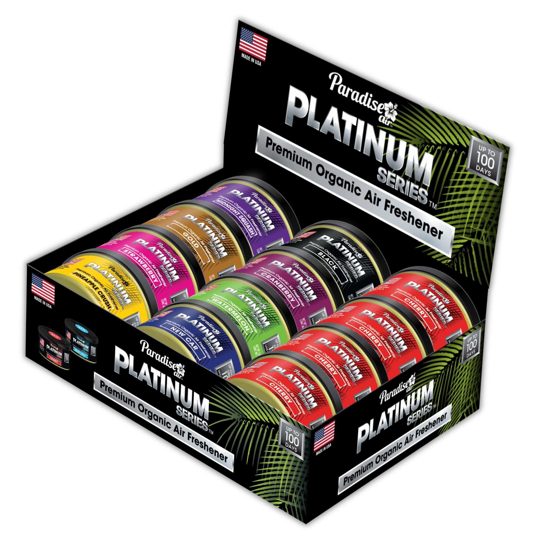 Paradise AirPlatinum Car Air Freshener Can, Long-Lasting 100 Day Fragrance, Extra Strong Odour Eliminator for Car Interior Home or Office - 12 Pack Assorted Scents Mix