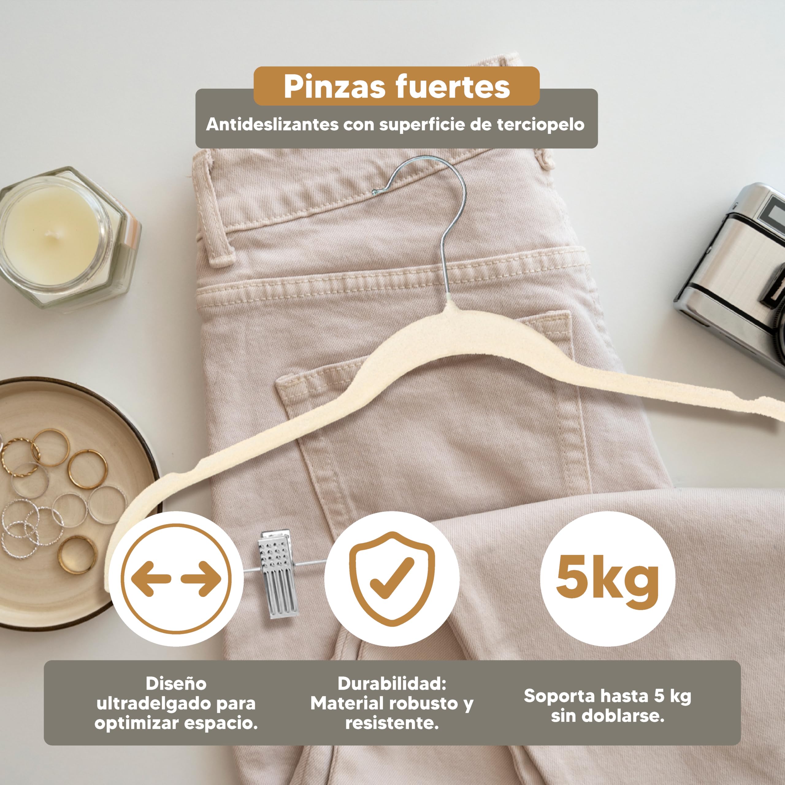 12X Perchas Terciopelo Beige Antideslizantes con Pinzas - Colgadores de Ropa Terciopelo Finas para Pantalón - Perchas Ropa Terciopelo Multifuncional con Gancho 360º
