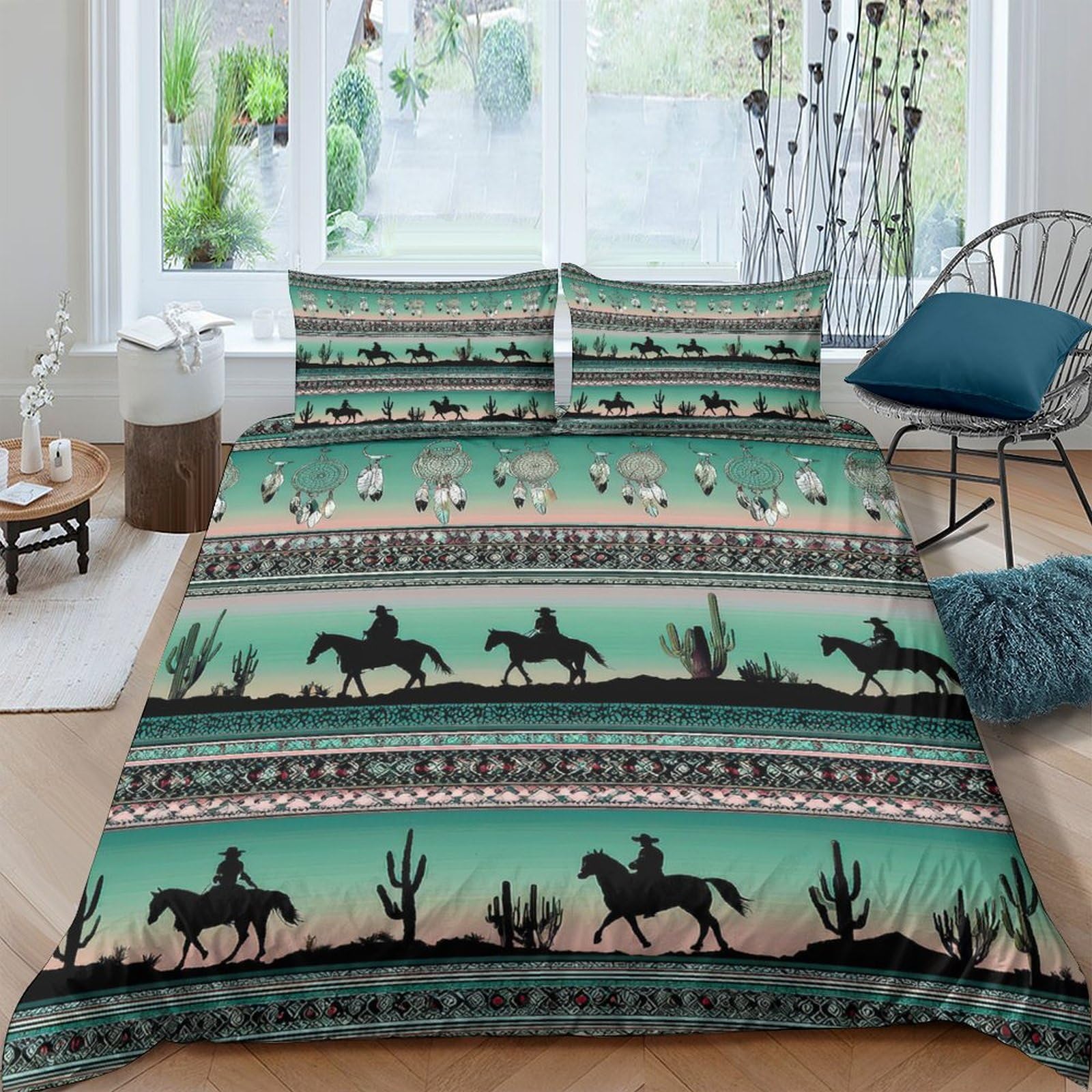 Ctjqhvkz Style-5 3D Printed Western Cowboy Fitted Sheet Microfiber Green Desert Horse Mattress Cover For Bedroom Guest Room Decor Single（135X200cm）