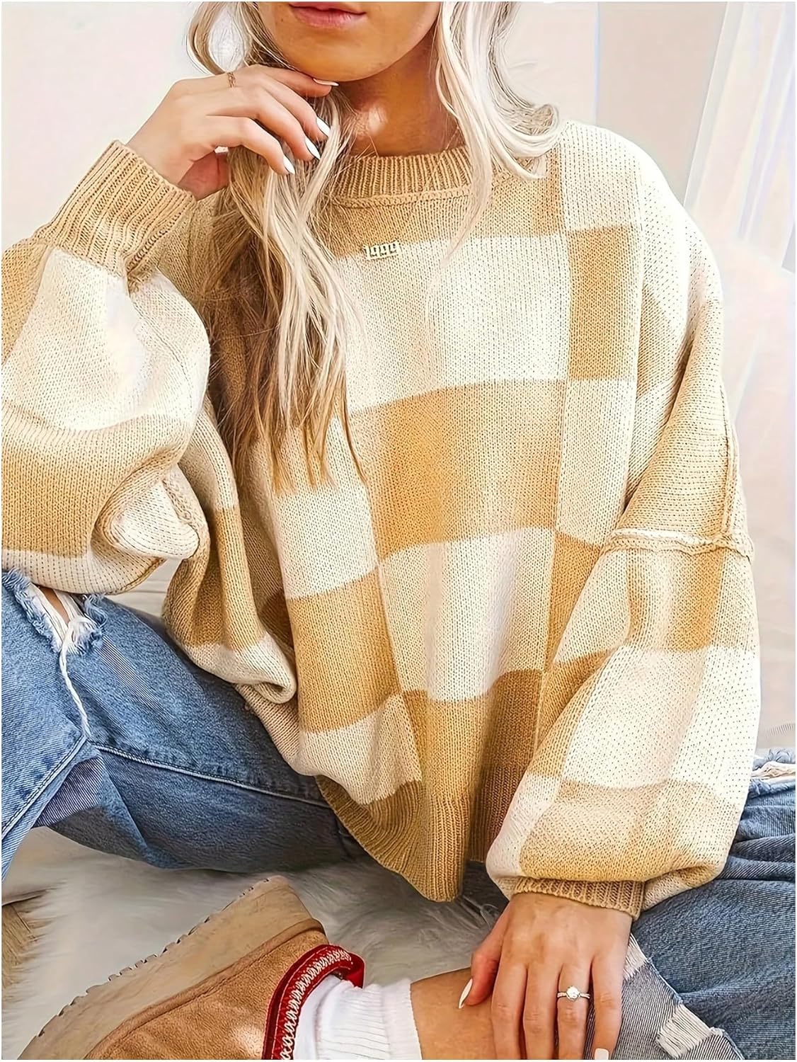 OYOANGLE Women's Plus Size Color Block Plaid Sweater Oversized Drop Shoulder Crewneck Pullover Tops - Image 3