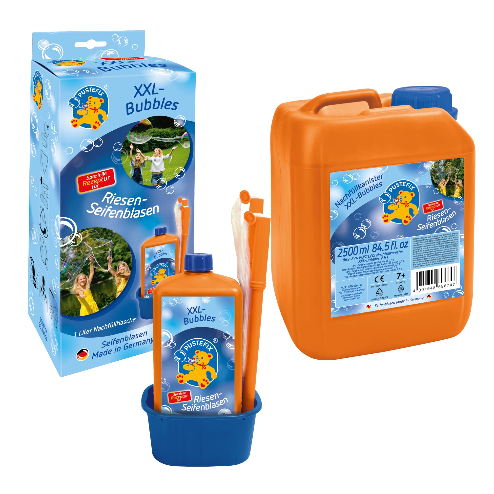 PUSTEFIX XXL-Bubbles + Nachfüllkanister 2,5 Liter I Seifenblasenwasser und Zubehör I Bunte Seifenblasen Made in Germany I Für Hochzeit, Kindergeburtstag, Standesamt I Riesen-Seifenblasen
