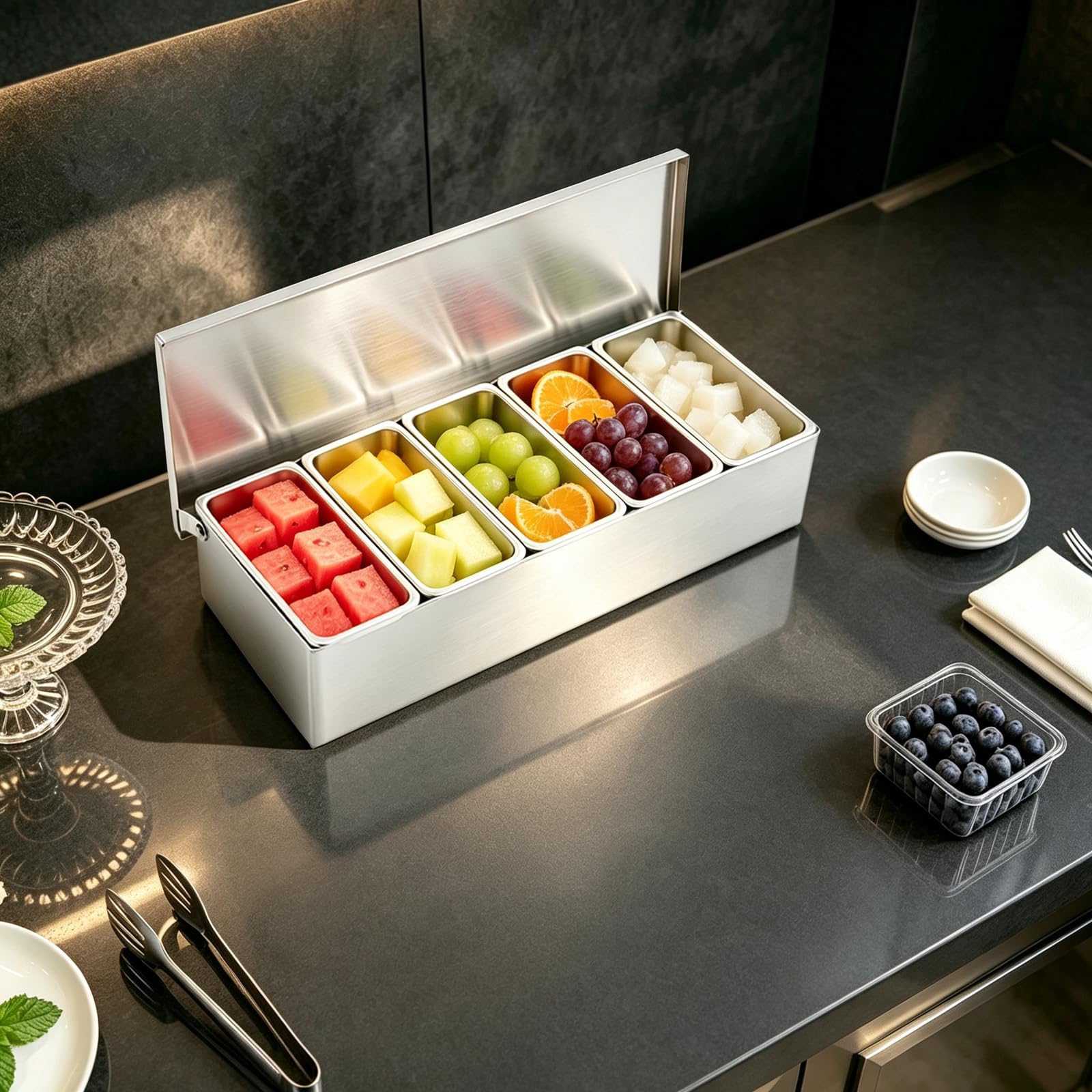 Caja de frutas de acero inoxidable con 5 compartimentos y tapa
