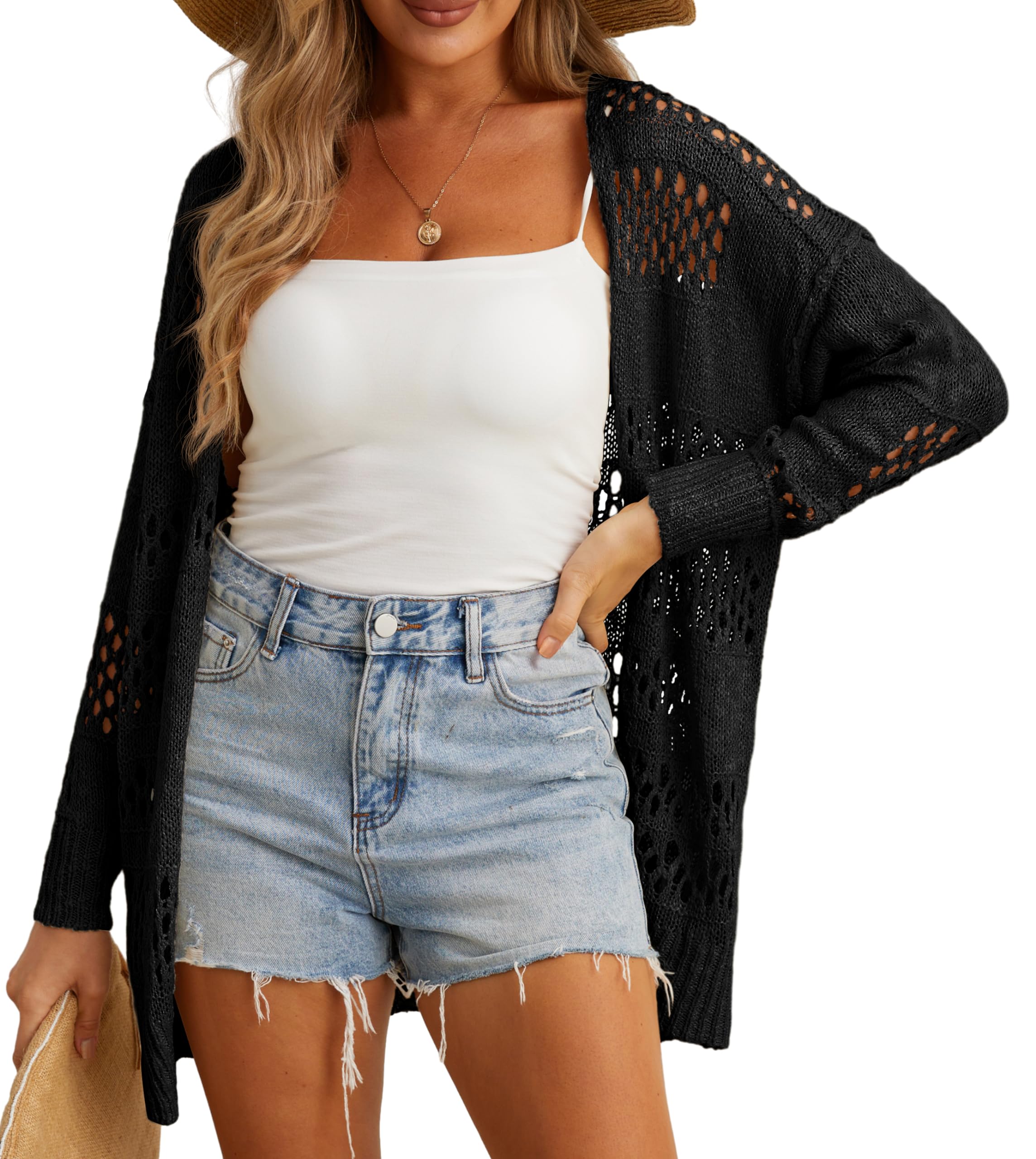 Women's Open Front Cardigan Loose Batwing Sleeve Boho Crochet Lightweight Oversized Knit Sweater