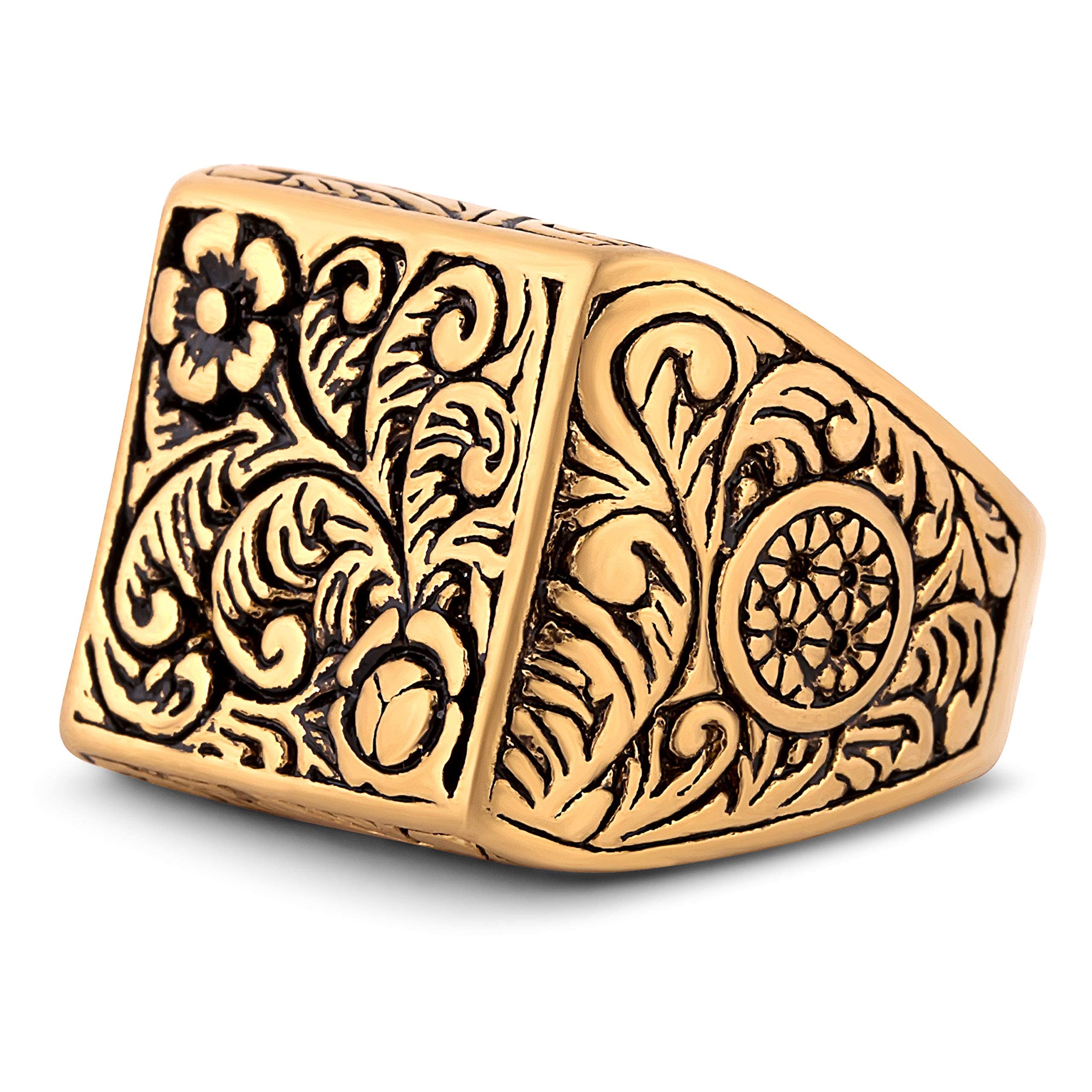 Akitsune Floris Anillo | Design-Anillo Mujer Hombre Acero Inoxidable Sello de Adorno Floral Grande - Oro - US 8