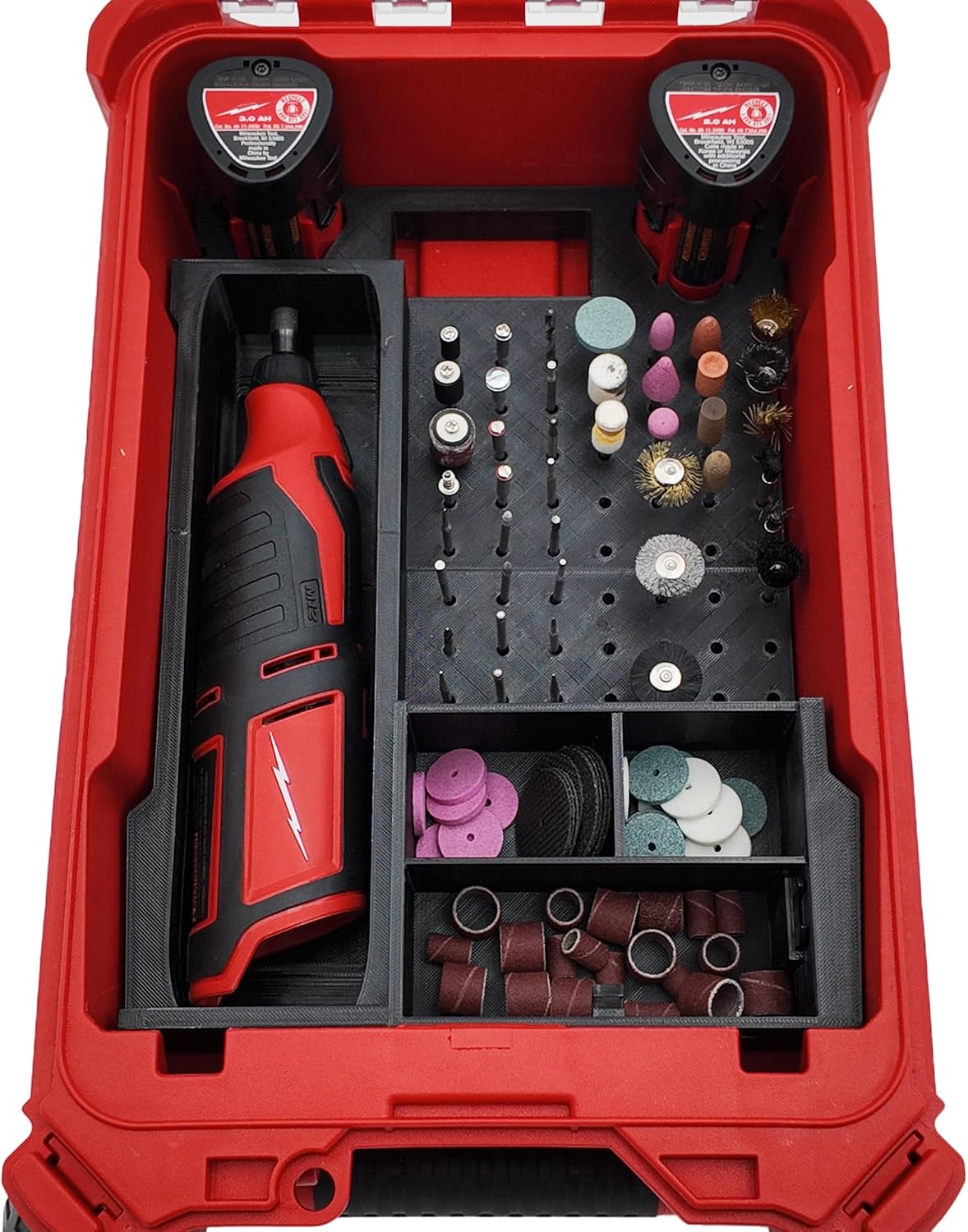 M12 Rotary Tool Organizer Insert for Milwaukee Packout Organizer 48-22-8435, Fits M12 Fuel Rotary Tool 2525-20, PETG Storage with 3 Battery and 40 Bit Slots, Printed in Michigan