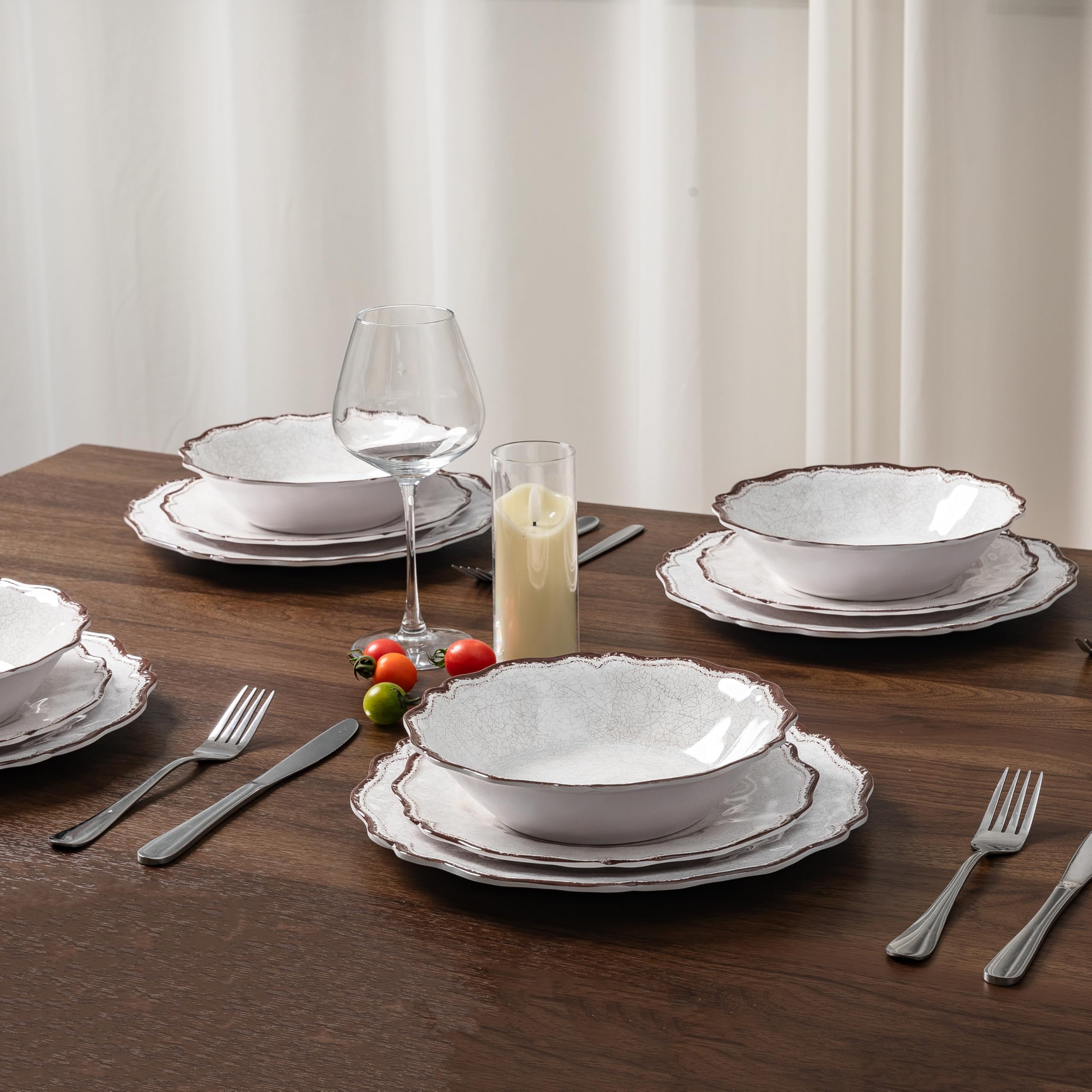 LEHAHA Juego de vajilla presidencial 100 % melamina, 12 piezas de platos y cuencos de alta gama para exteriores, juego de platos irrompibles de camping para 4, juego de cena irrompible para interiores