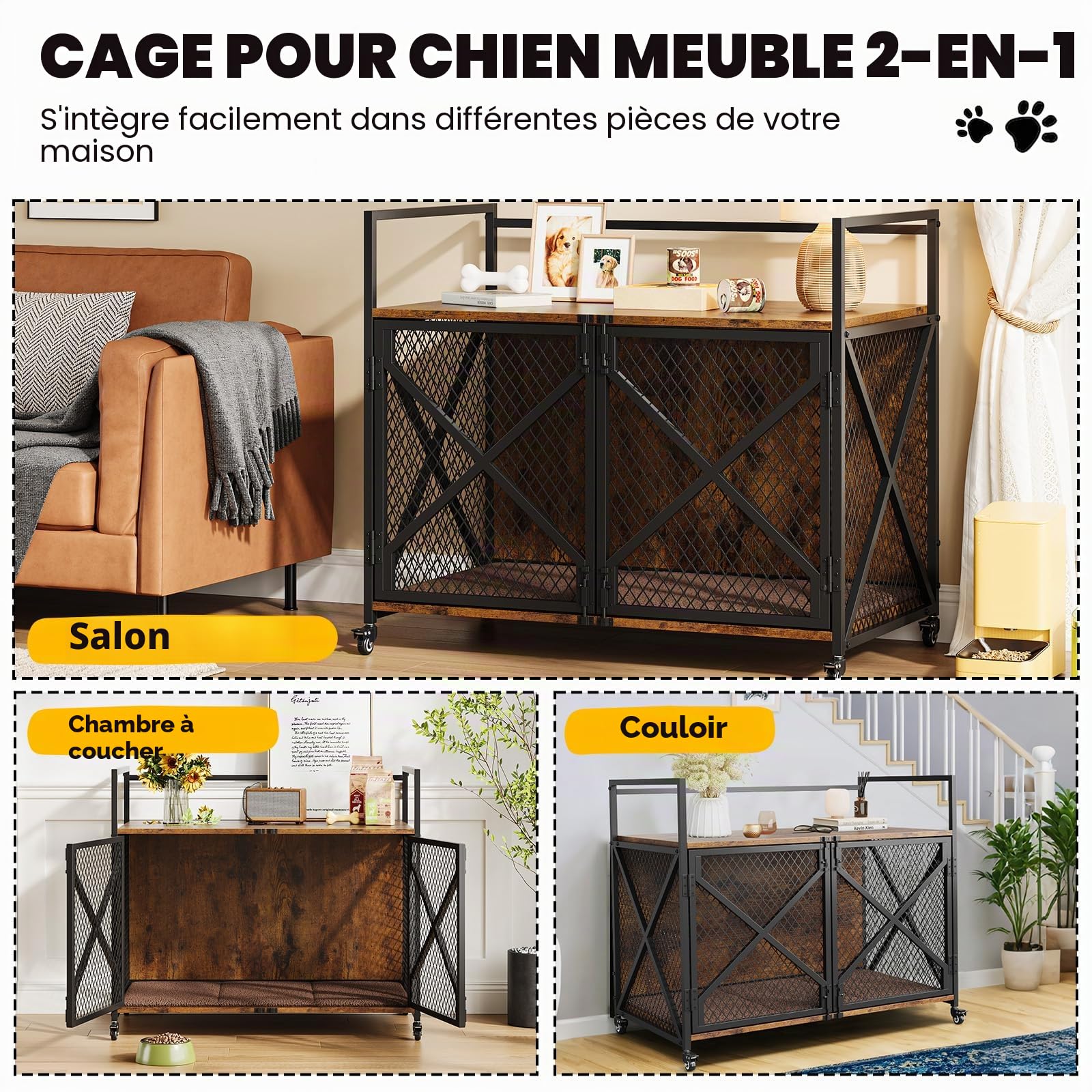 Cage pour chien, meuble en métal et bois, maison pour chien, 2 portes, espace de rangement généreux sur le dessus, niche moderne pour chiens de petite, moyenne et grande taille, 52 x 79 x 73 cm