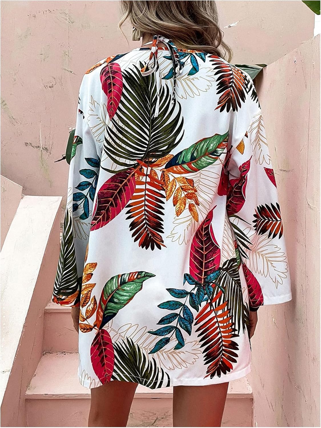 Verdusa Women's 3 Piece Tropical Outfits Crop Halter Top Tie Waist Shorts with Kimono - Image 3