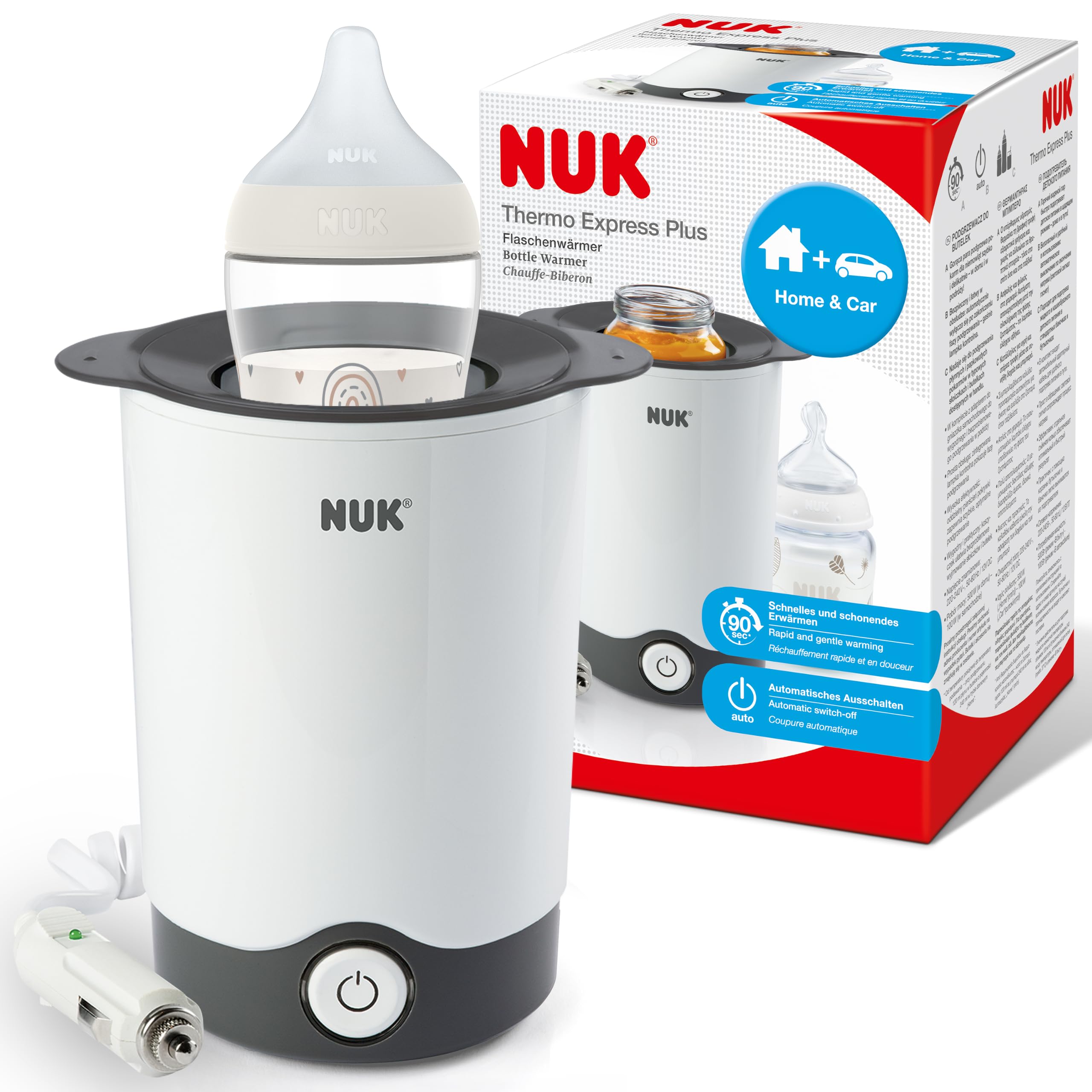 NUK Thermo Express Plus Tragbarer Flaschenwärmer | schonendes Erwärmen von Flüssigkeiten und Brei in 90 Sek. | automatische Abschaltung | Korb zum Herausnehmen | EU-Stecker & 12-V-Reiseadapter
