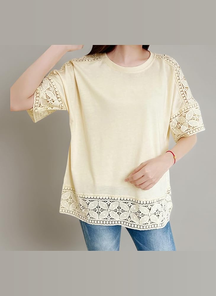 Amazon | [KumiModa] レディース Tシャツ 5分袖 レース 花柄