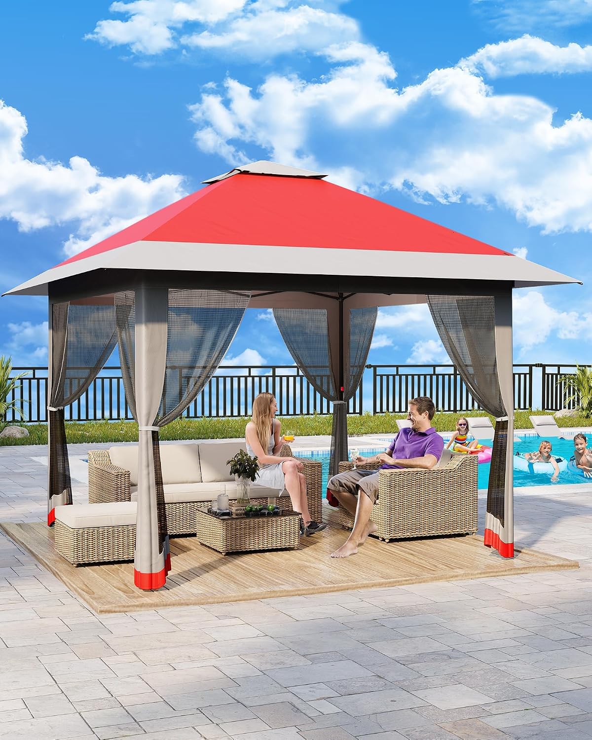 13x13ft Pop Up Gazebo, Outdoor Canopy Tent with Mosquito Netting, Heavy Duty Party Tent Shelter with Waterproof & Ultraviolet Double Roof for Backyard, Garden, Lawn