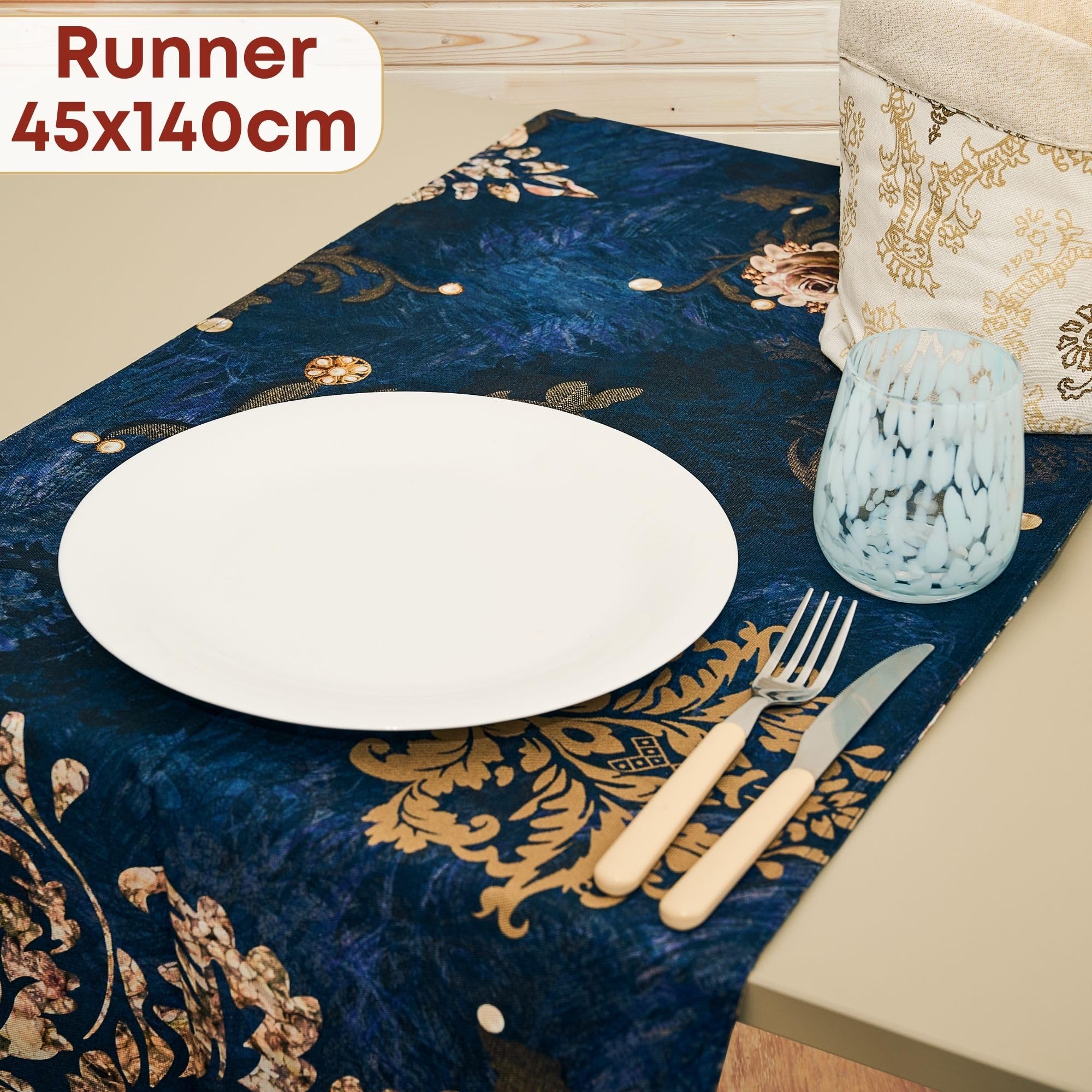 NAMAI - Set 8 Pezzi Danubio Blu, 100% Cotone, Lavabili in Lavatrice, Resistenti al Calore, Tovaglia Cotone 160x300, Runner Tavolo, Set Presine da Cucina e Strofinacci (Set Con Tovaglia 160x300)