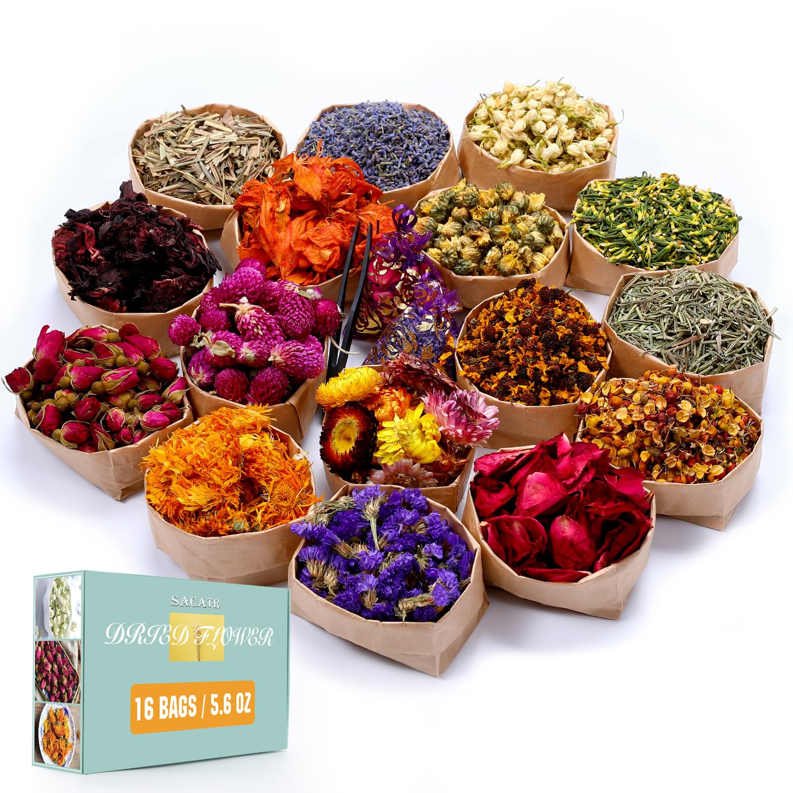 Lot de 16 sachets de fleurs séchées 100 % naturelles pour la fabrication de savon, la fabrication de bougies, le bain – Comprend des pétales de rose, lavande, Don't Forget Me, Lilium, Jasmin, boutons