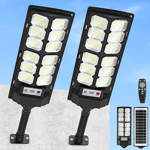 2 Pack Solar Street Lights Outdoor Waterproof 6500K 13000LM LED Solar Flood Lights Dusk to Dawn Parking Lot Light with Motion Sensor and Remote