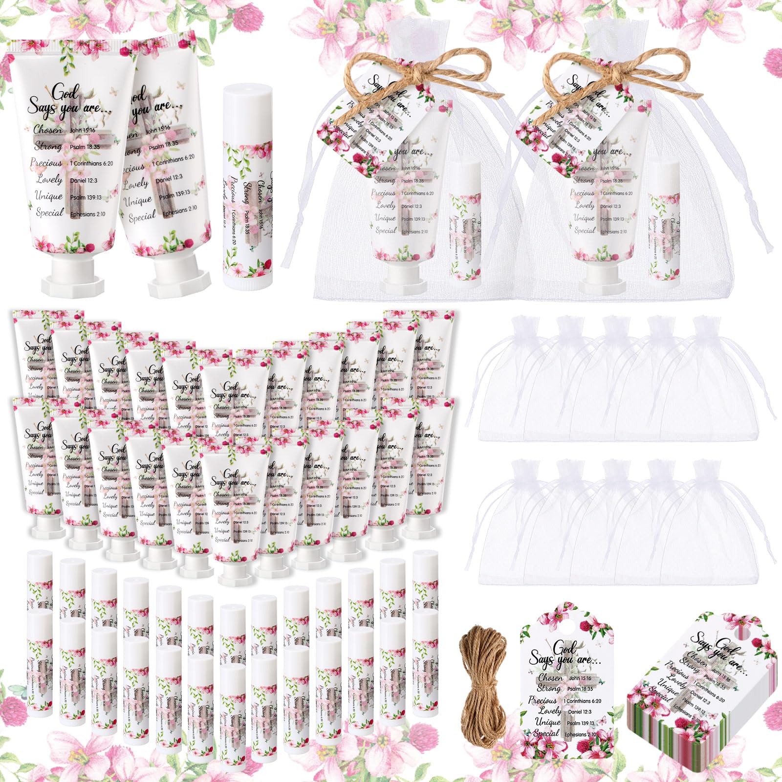 Swiffen 48 Sets Christian Hand Cream Bulk and Lip Balm Bulk Sets Christian Gift Stocking Stuffers for Women Thank You Cards with Organza Bag and Tag