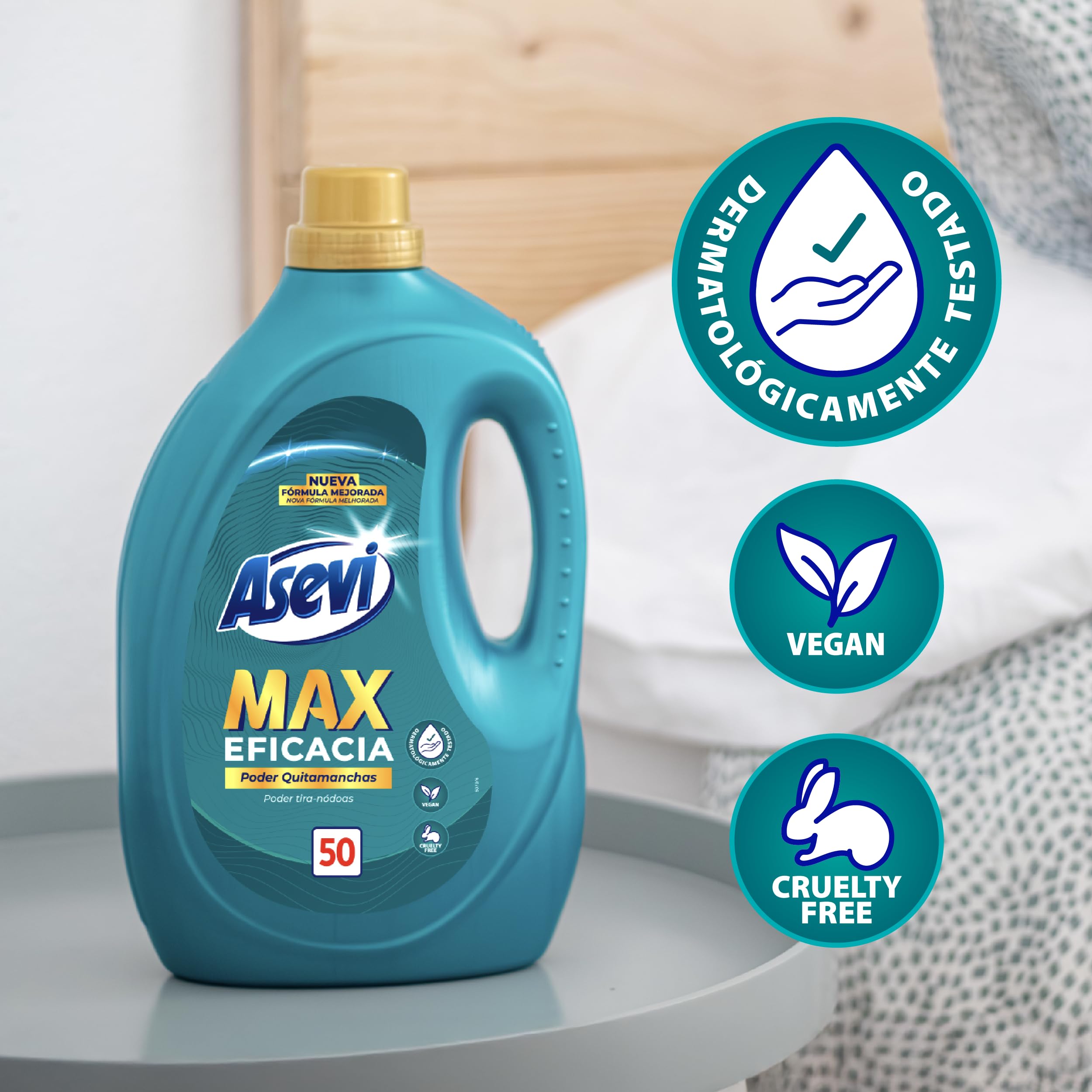 Asevi Detergente Líquido para Lavadora Max Eficacia - Detergente Hipoalergénico Concentrado para Ropa Blanca y de Color - Poder Quitamanchas para una Ropa Limpia y Fresca - Pack 5 x 50 Lavados
