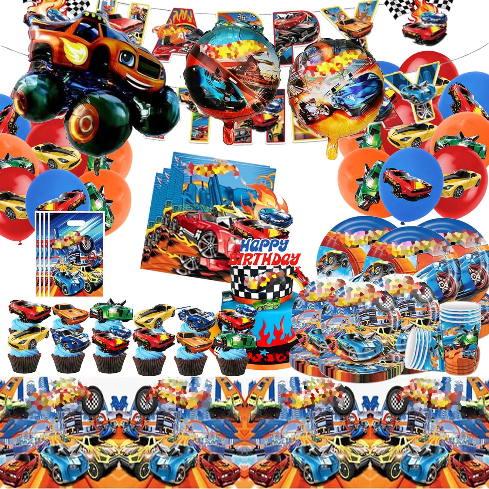 Hot Wh-els Stoviglie per Feste di Compleanno，Addobbi Compleanno Hot Wh-els，Cars Tovaglia, Piatti di Carta，Adatto a 10 persone