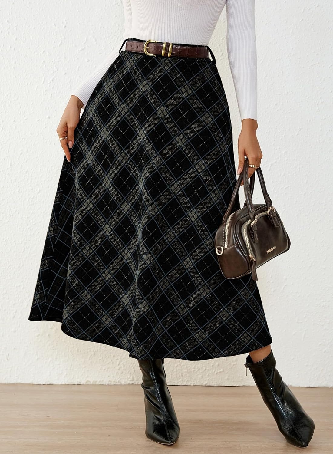 Pink Queen Plaid Skirts for Women 2026 Flared Vintage High Waist A Line Midi Tartan Skirts with Pockets - Image 7