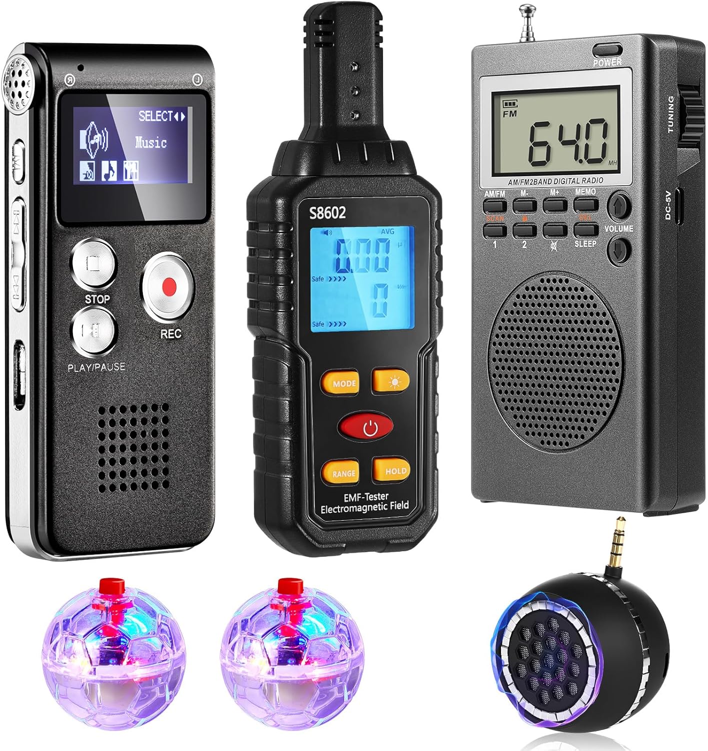 6 Pcs Ghost Hunting Equipment Kit Ghost Hunting Box 1 Emf Meter 1 Digital Voice Recorder 2 LED Balls 1 Speaker Paranormal Equipment Tools for Paranormal Investigation, EVP Sessions