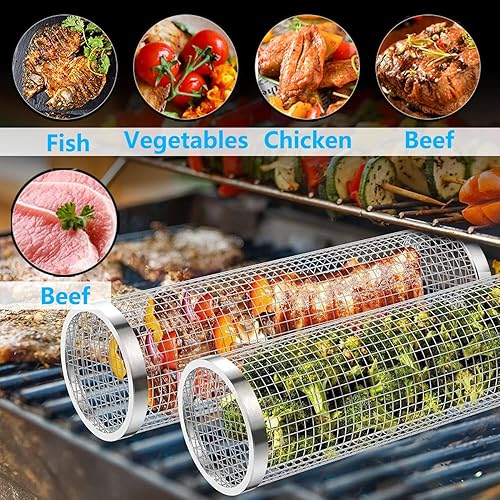Miniatura 3 de Cestas de parrilla con ruedas para asar al aire libre, accesorios redondos para parrilla, parrilla grande para verduras, jaula cilíndrica de acero