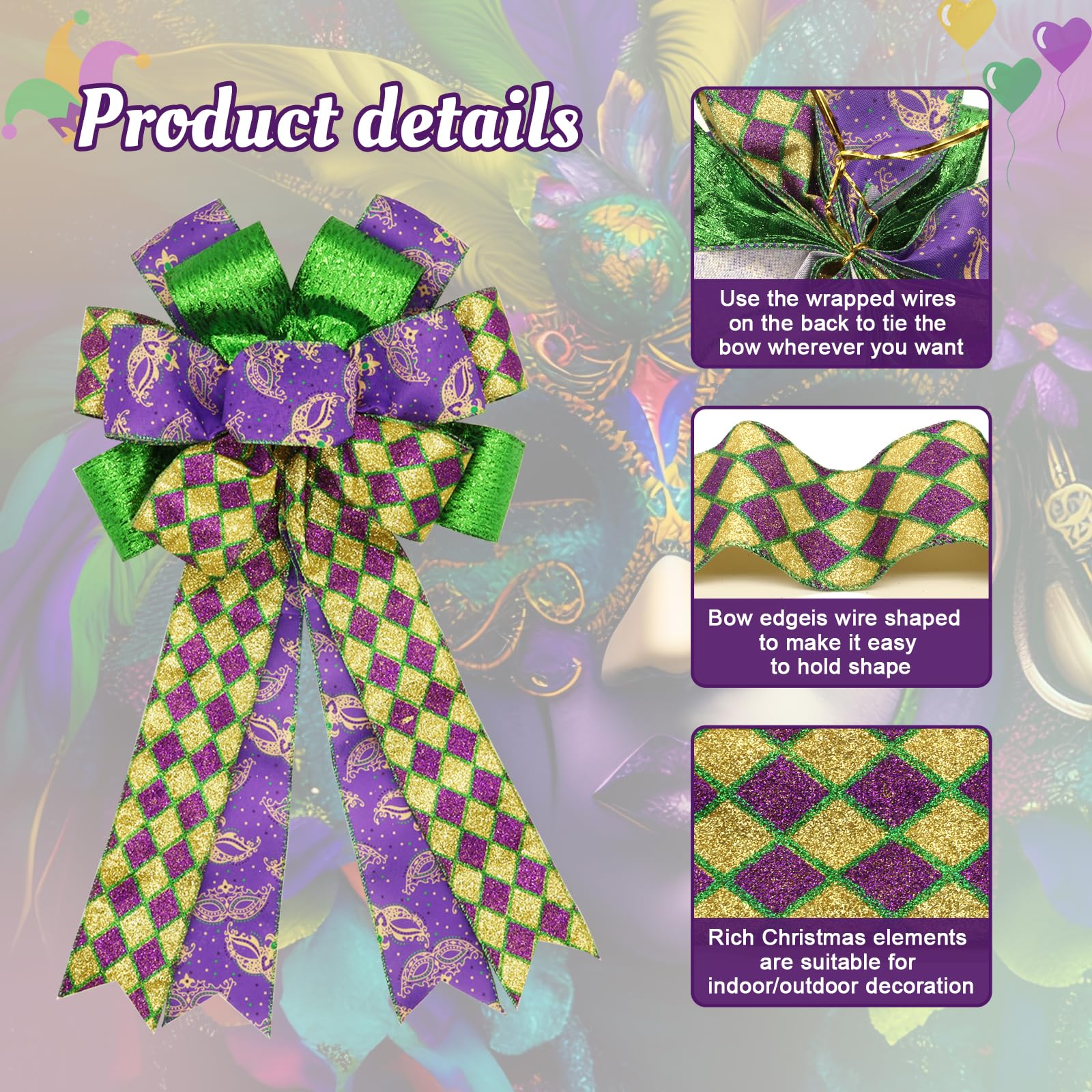 Large Mardi Gras Bows for Wreath 20x11 Inch, 2 Pack Pre-Tied Glitter Wired Burlap Ribbon Bow, Purple Gold Green Tree Topper Bow for Front Door Indoor Outdoor Spring Decoration (Gold)