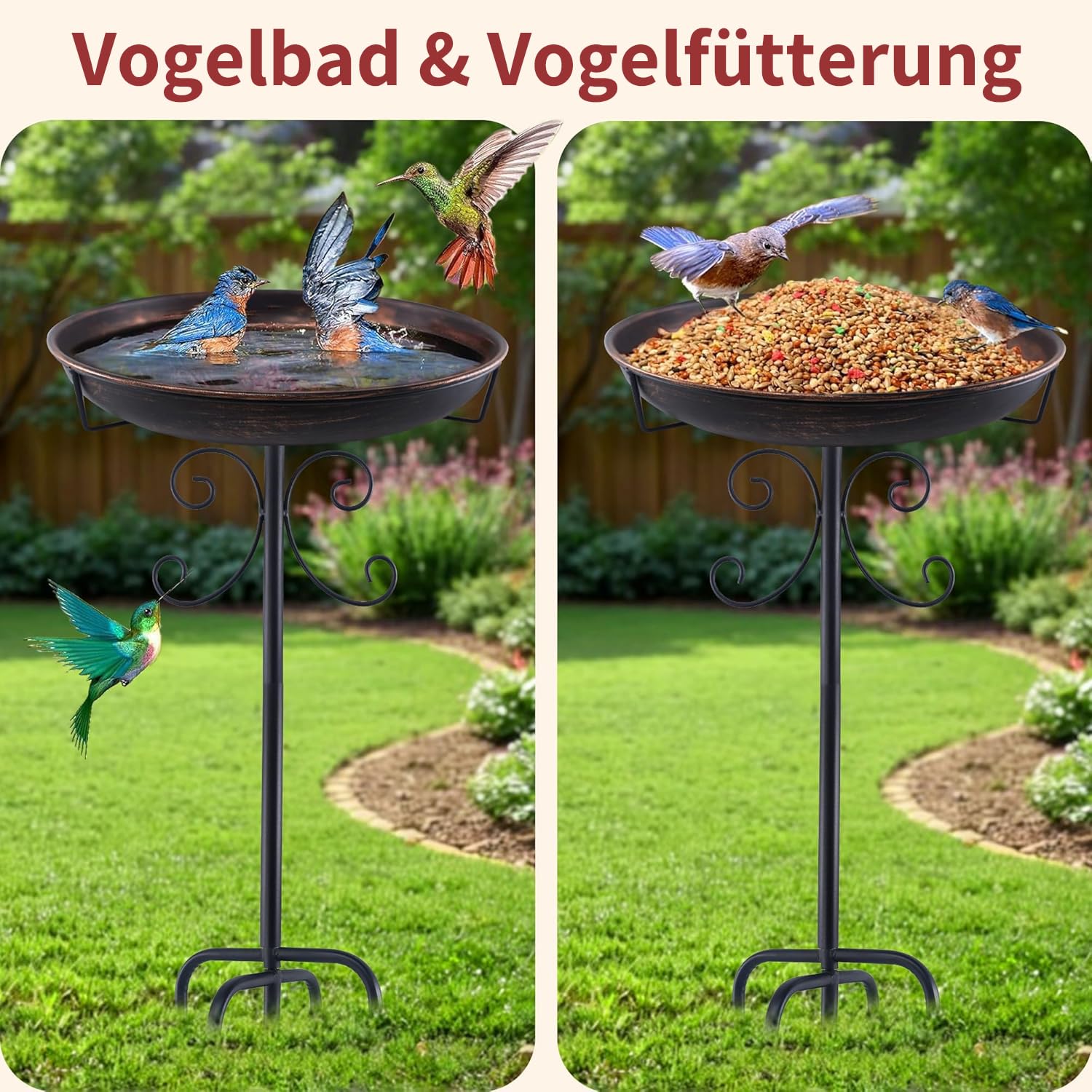 Vogeltränke Stehend, Vogelbad für Draußen Garten mit 5-Prong Basis – Großes Metall Vogelbecken Ø31 cm, Rostfrei & Wetterfest, Antike Vogeltränke Futter Wasserschale Terrasse Garten Deko, Antike Bronze