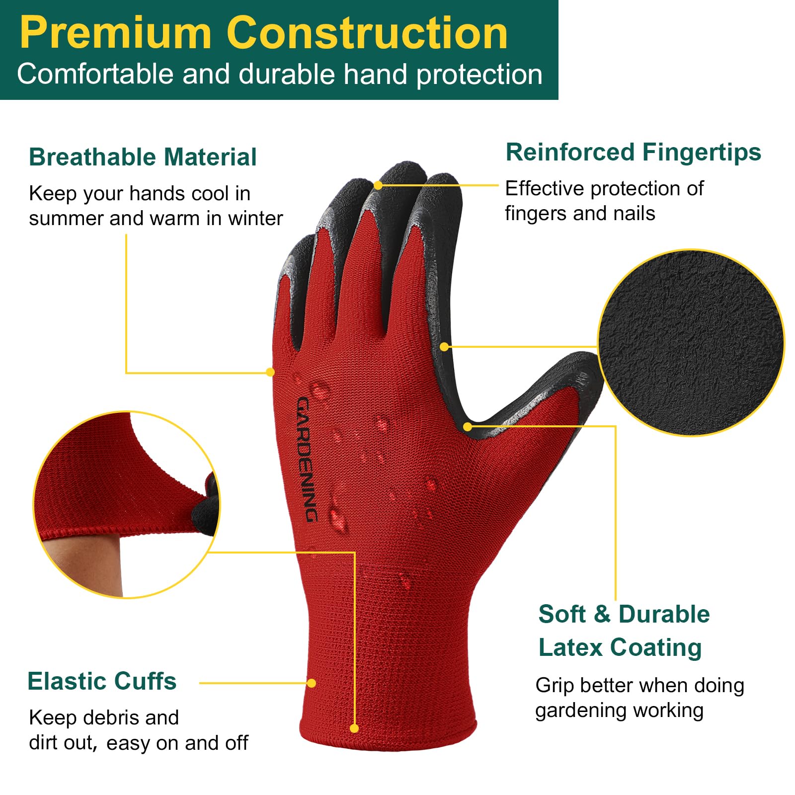 Trifabricy Guantes de jardín para mujeres/hombres, 6 pares de guantes de jardinería de látex natural transpirables con agarre, guantes de trabajo protectores resistentes al aire libre para césped