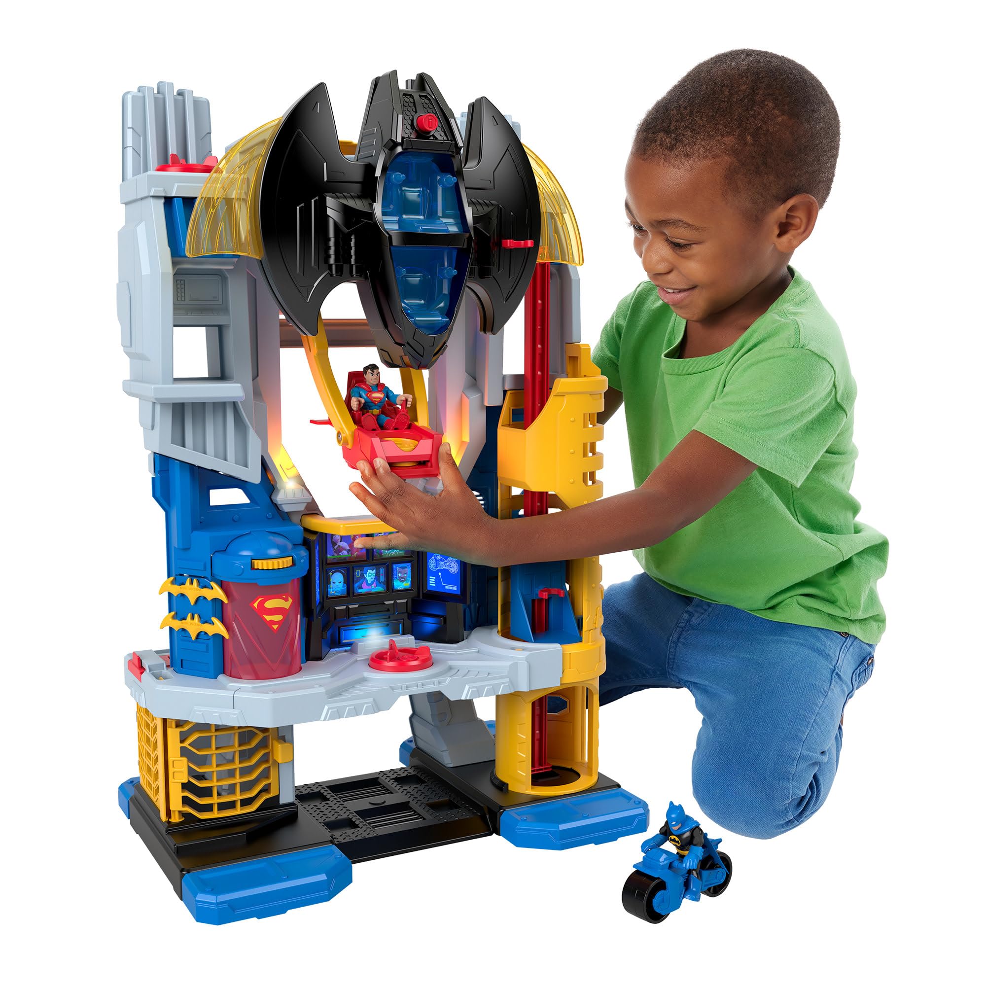 Fisher-Price Imaginext DC Super Friends Kwatera główna Zestaw do zabawy (ok. 68,5 cm) ze światłami, dźwiękami i 10 elementami, zabawka dla dzieci w wieku od 3 lat, HNW08