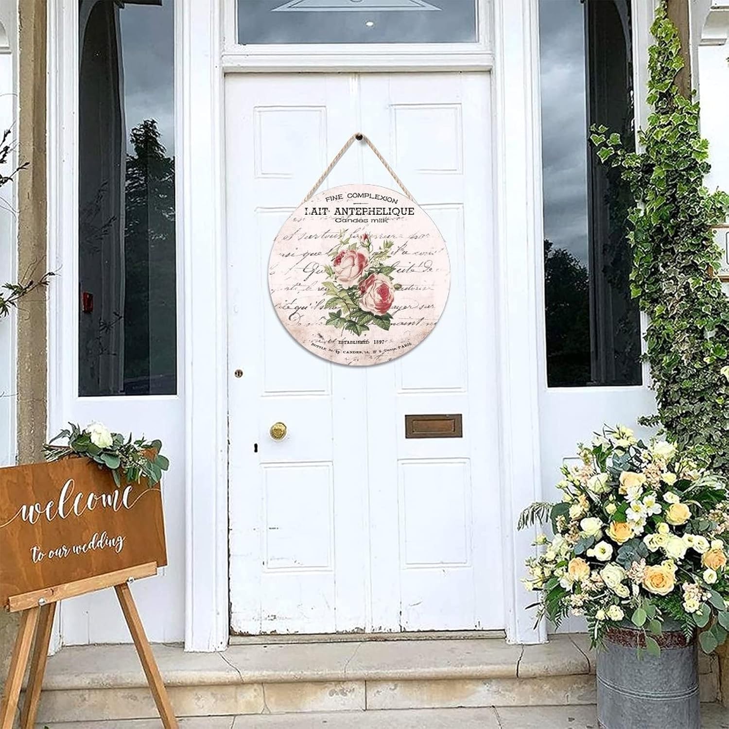 Vintage Front Door Round Wood Sign, French Vintage Flower Wood Door Sign, Rustic 16x16in Wall Hanging Sign Plaque for Front Door Entryway Porch Bar Pub Farewell Party Housewarming Gifts