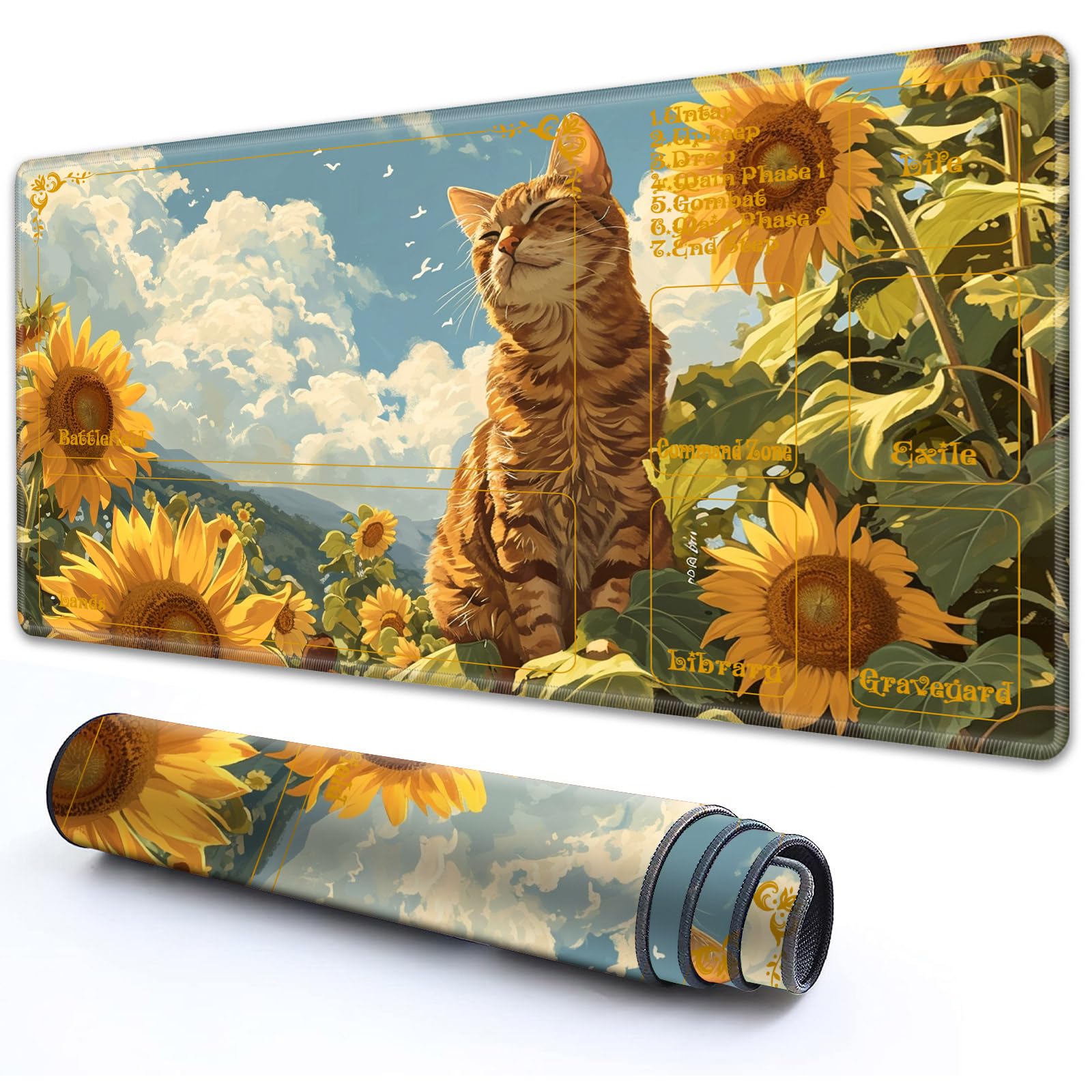 for MTG Playmat with Zones 24" x 14" with High Elastic Rubber Base Non-Slip Rubber Sole HD Printing for MTG Mat Magic Mat Card Playmat, Orange Cat