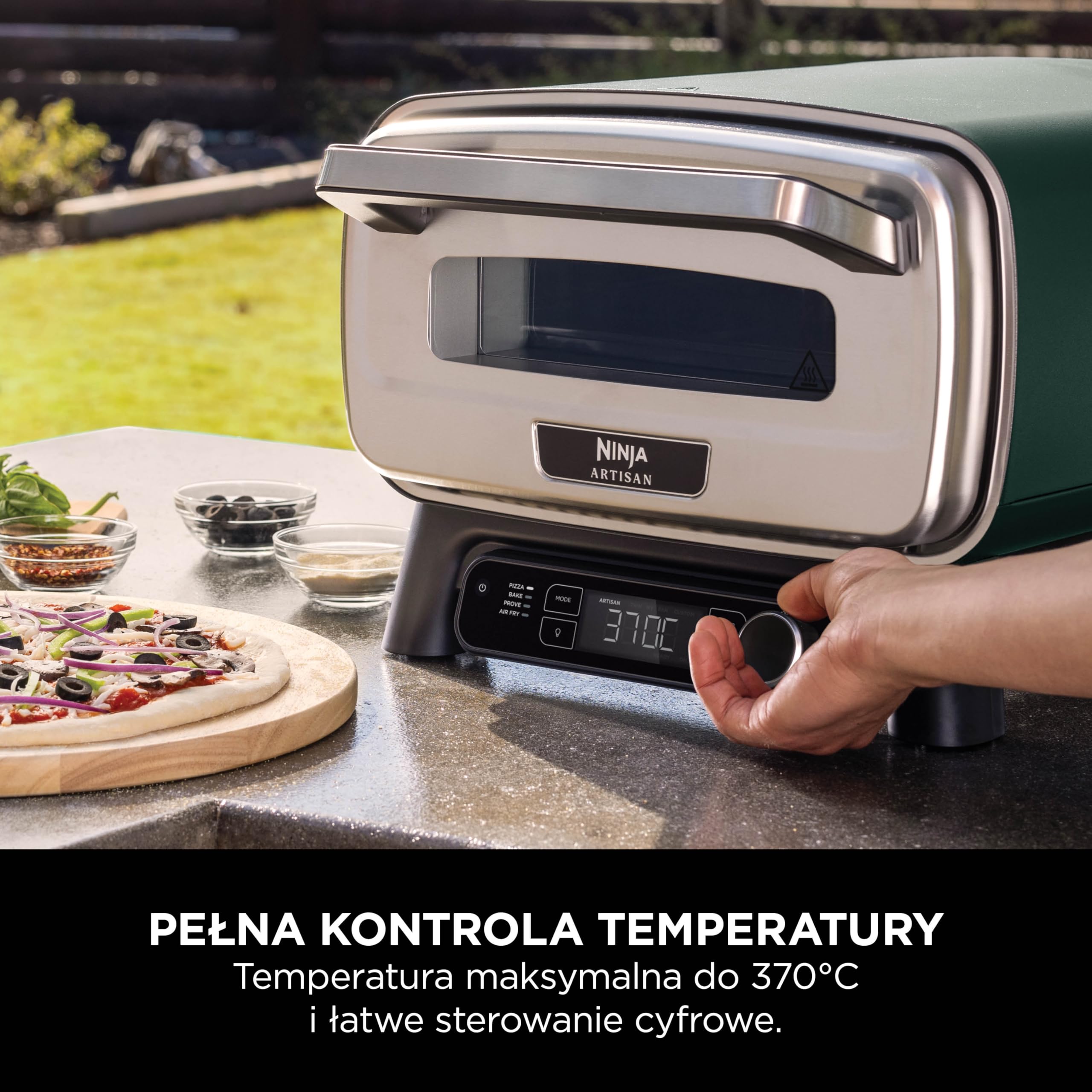 Ninja Artisan elektryczny zewnętrzny piec do pizzy i frytkownica beztłuszczowa z 4 funkcjami gotowania, deska do serwowania, nóż, kamień do pizzy 30 cm, łopata, blacha i kosz, zielony MO201AMZEU