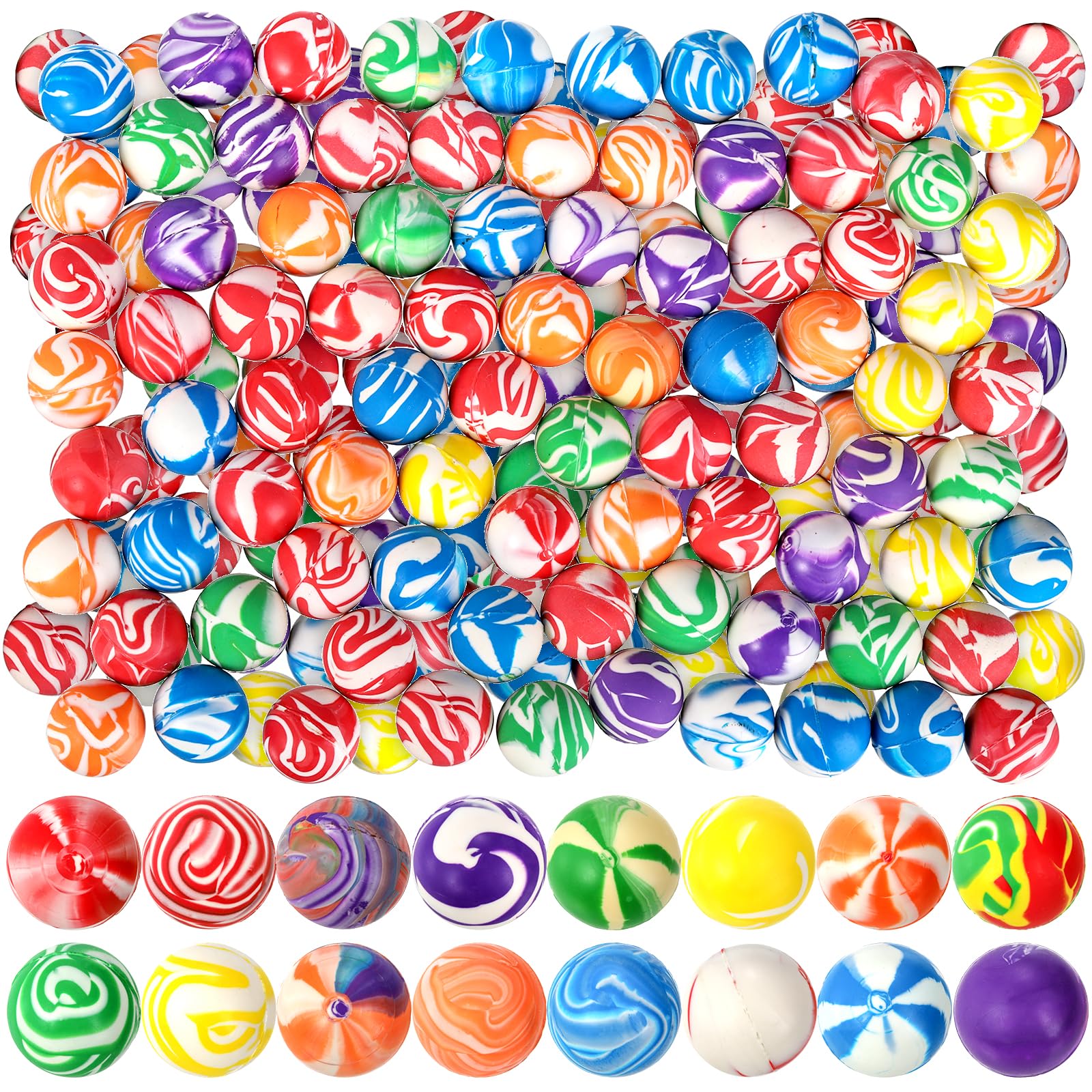 Noamus 100 Pack Colorful Small Bouncy Balls, 32mm Assorted Rubber Bounce Balls, Bulk Mixed Pattern High Bouncing Balls, Party Favors for Kids, Birthday Gift, School Prizes(1.25 in)