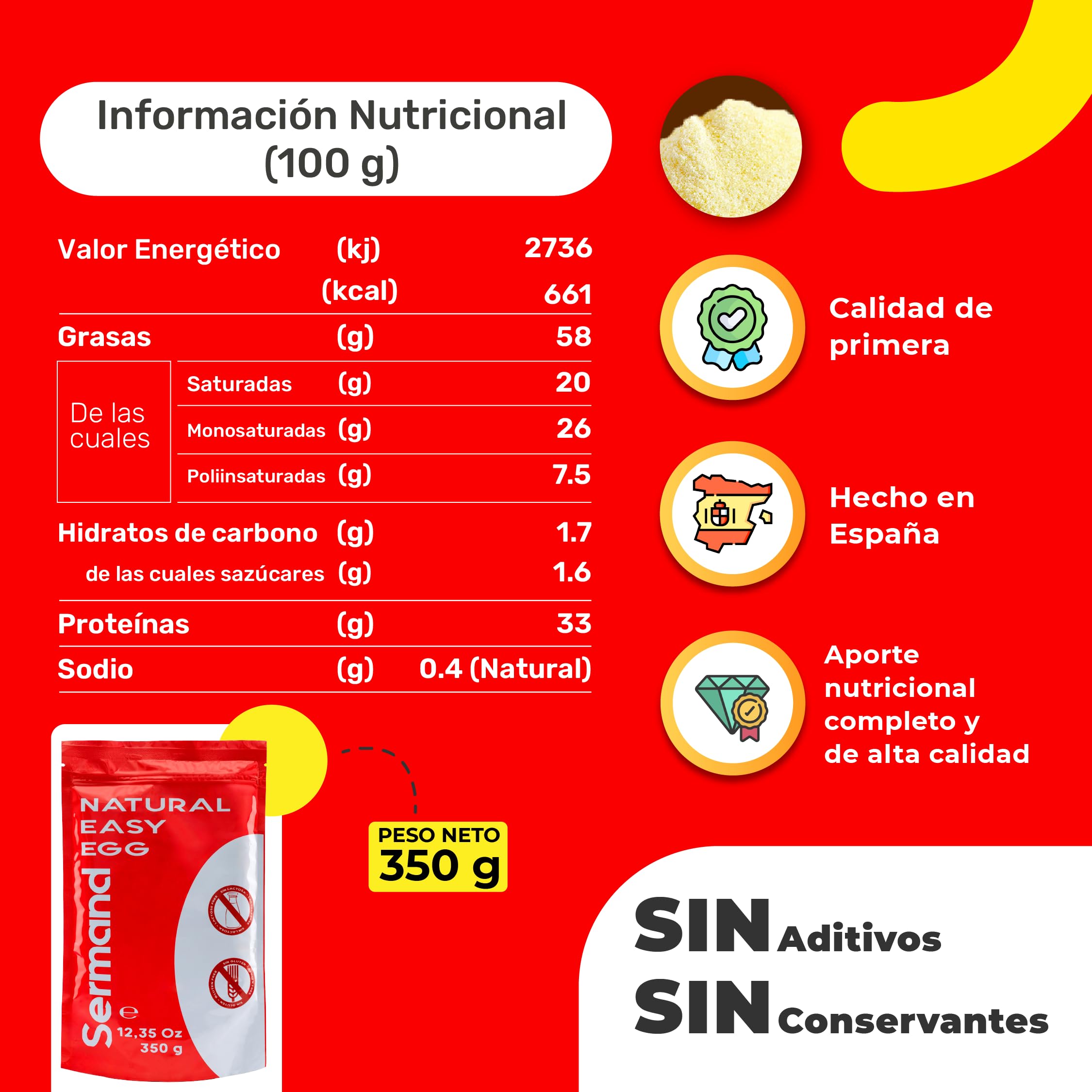 Yema de Huevo en Polvo 350g Yemas de Huevos Camperos Sin Aditivos Sin Lactosa Bolsa Zip