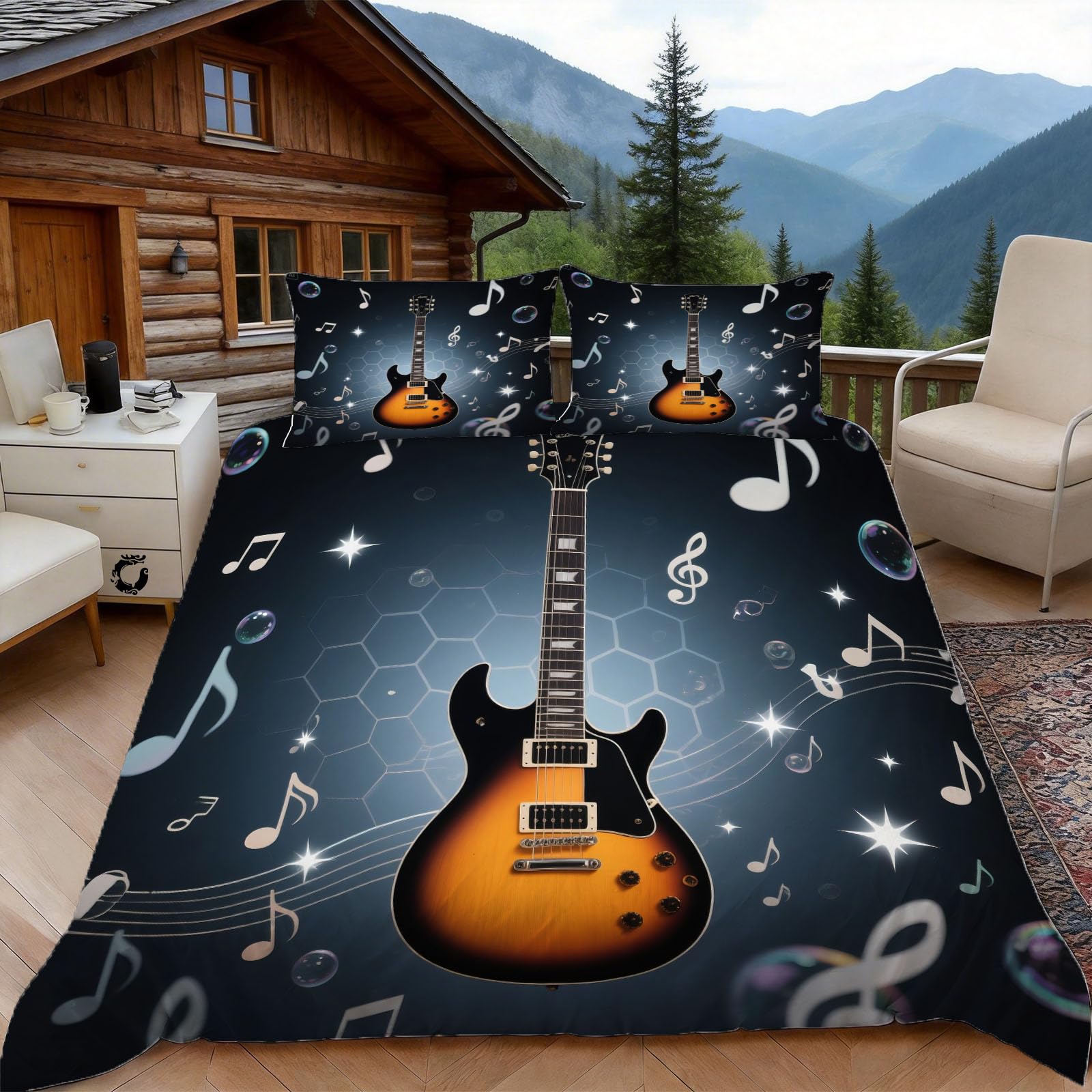Parure de lit 2 personnes guitare rock facile à laver pour grand lit double