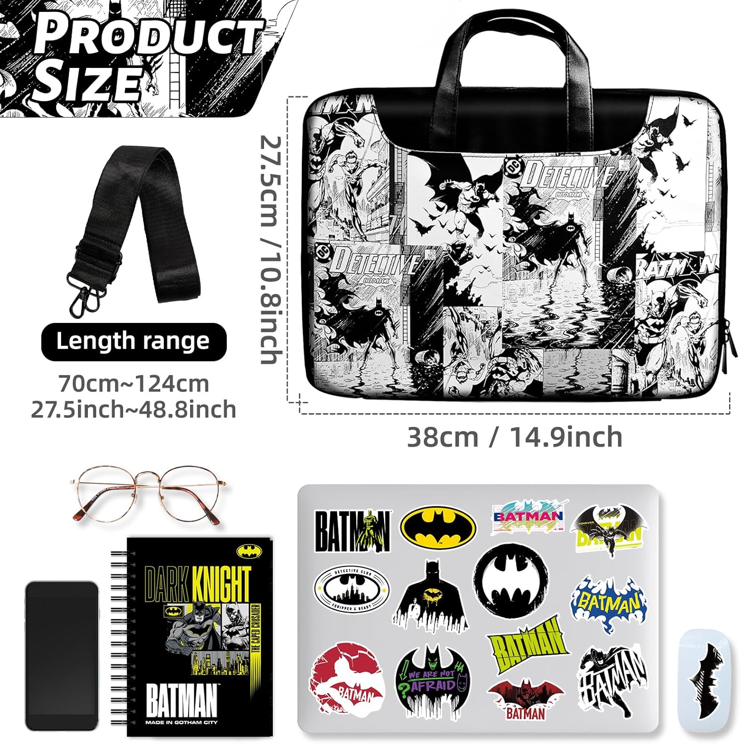 Batman Laptop Bag, Black and White Graffiti Computer Shoulder Bag 14.1‘’ with Zipper for College Office Clinical Gym, Laptop Bag case with Adjustable Shoulder Strap (Black and White)