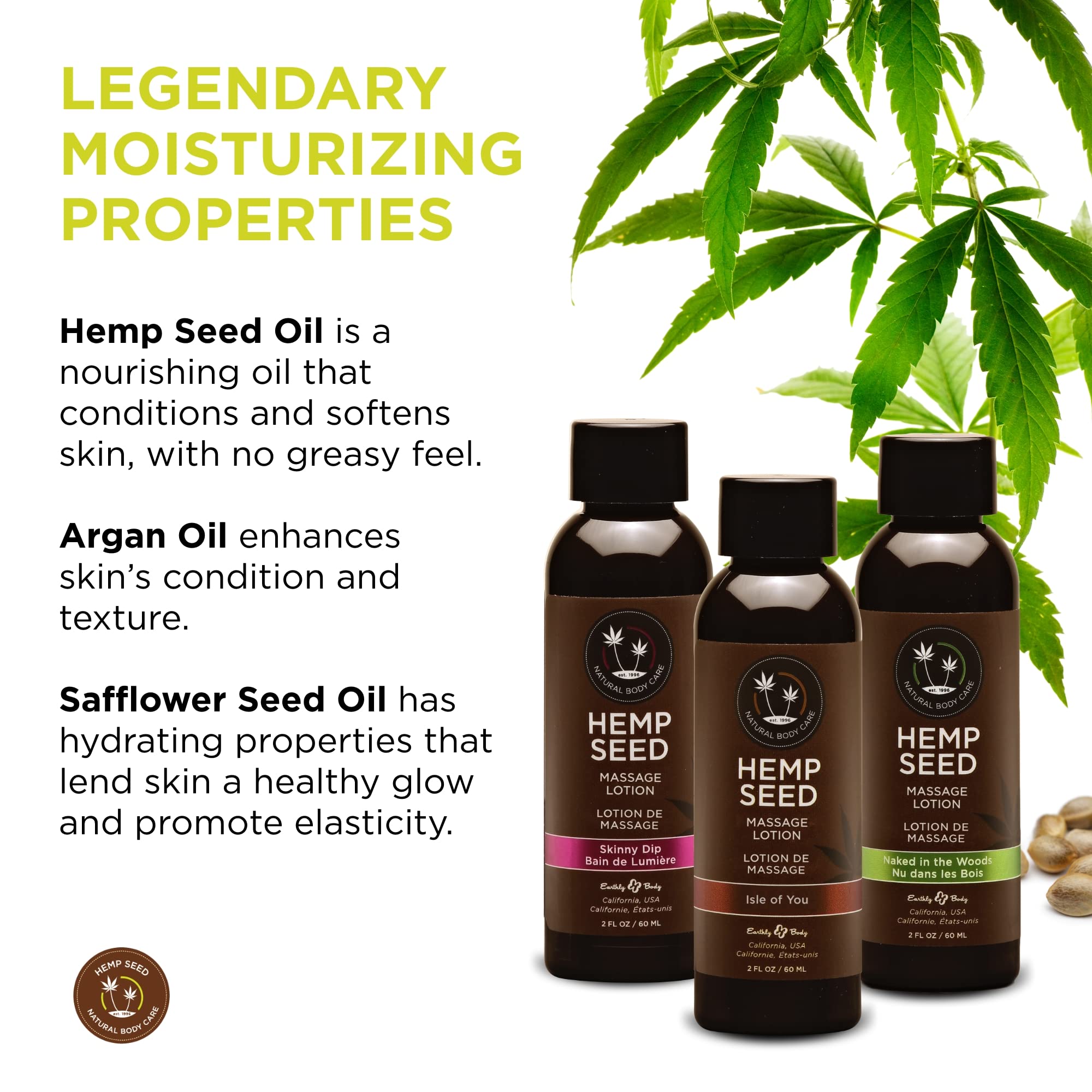 Hemp Seed Massage Lotion Gift Set - 2 oz Isle of You, Skinny Dip & Naked in the Woods Scents - Glides Easily on Skin, Absorbs Slowly & Deeply, Moisturizes - Vegan, Cruelty Free