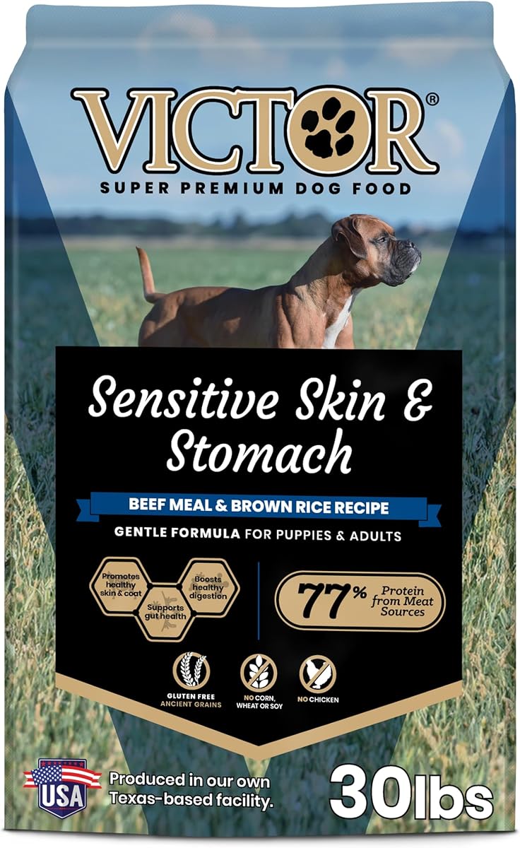 VICTOR Piel y estómago sensibles - Comida para perros con harina de res y arroz integral, 30 lb | Alimento para perros súper premium, sin gluten, sin pollo, ideal para perros con alergias, croquetas secas, alimento para perros adultos y cachorros, 30 libras